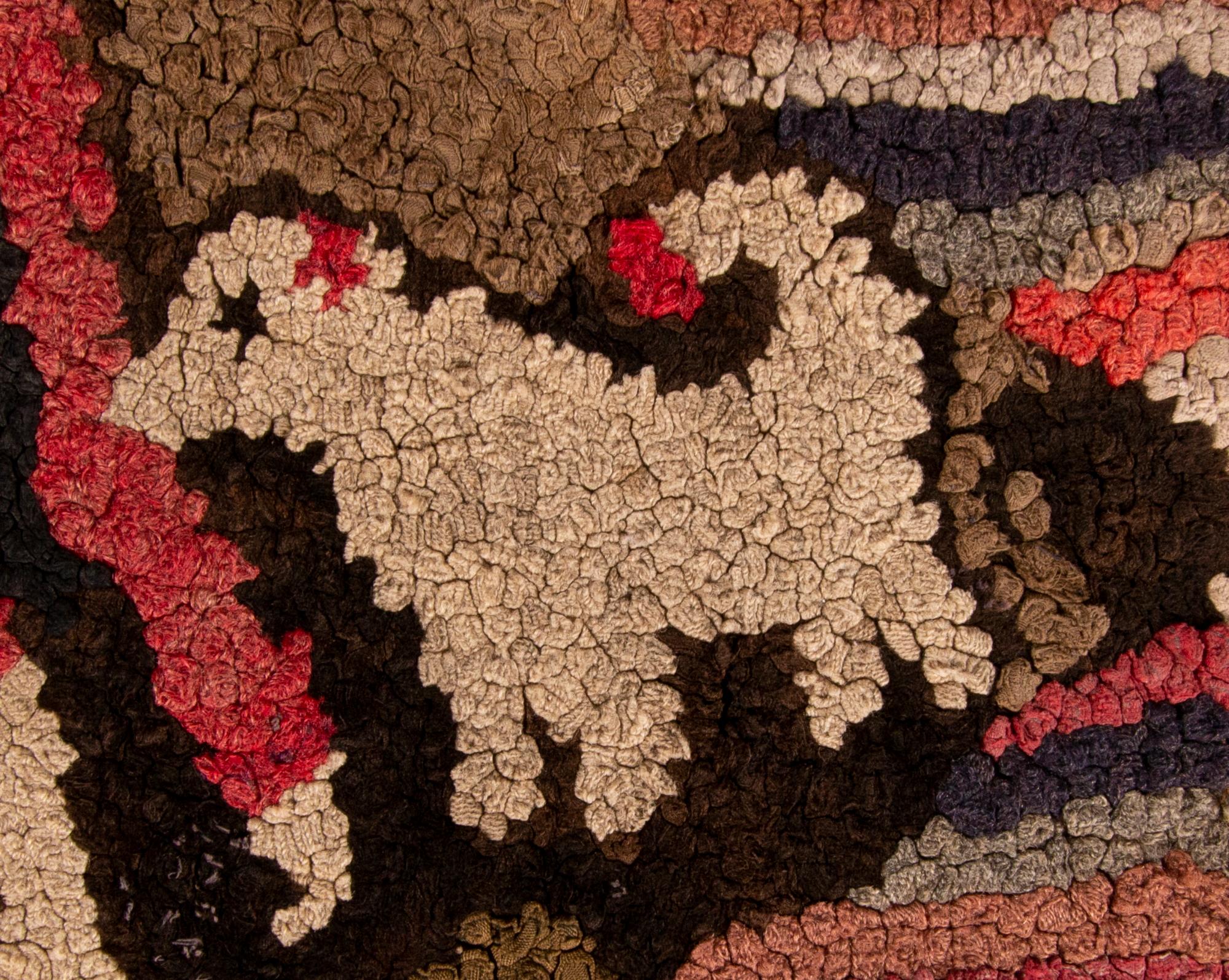 Whimsical Hooked Rug with Pink Stripped Cow and Little White Dog, Ca 1910 In Good Condition For Sale In York County, PA