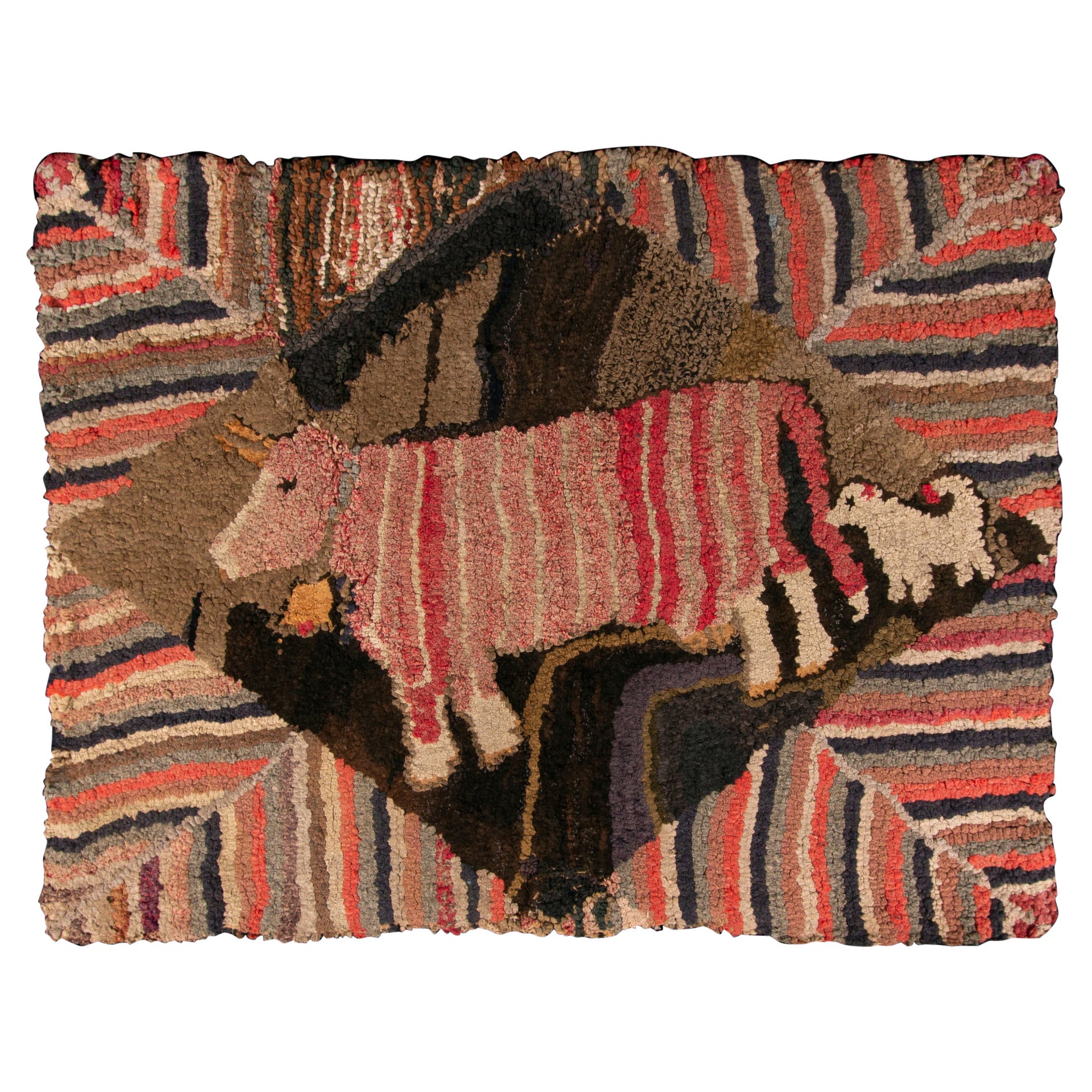 Tapis crocheté fantaisiste avec vache rayée rose et petit chien blanc, vers 1910