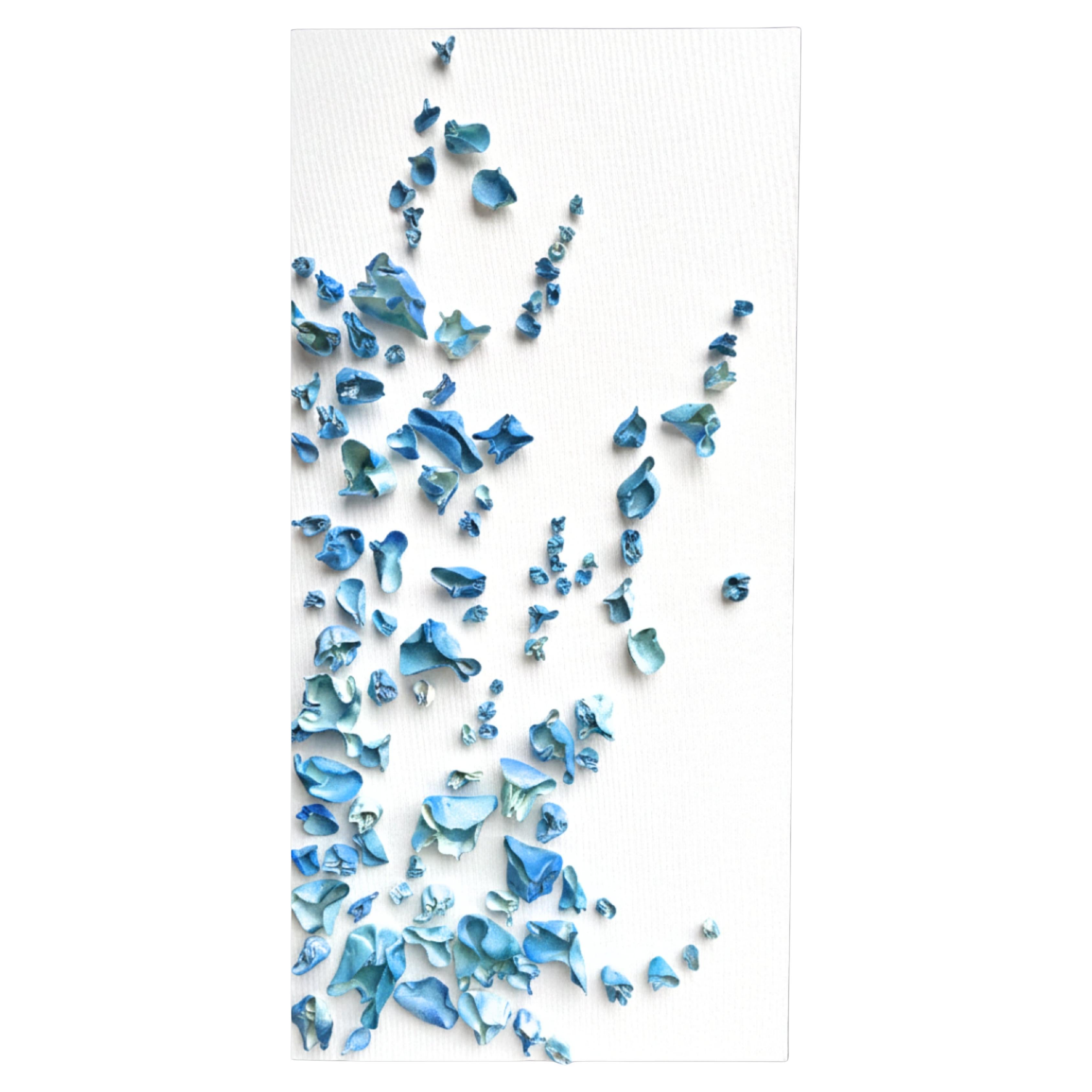 Whimsical Impermanence, blue #3. Clay Wall sculpture on canvas.