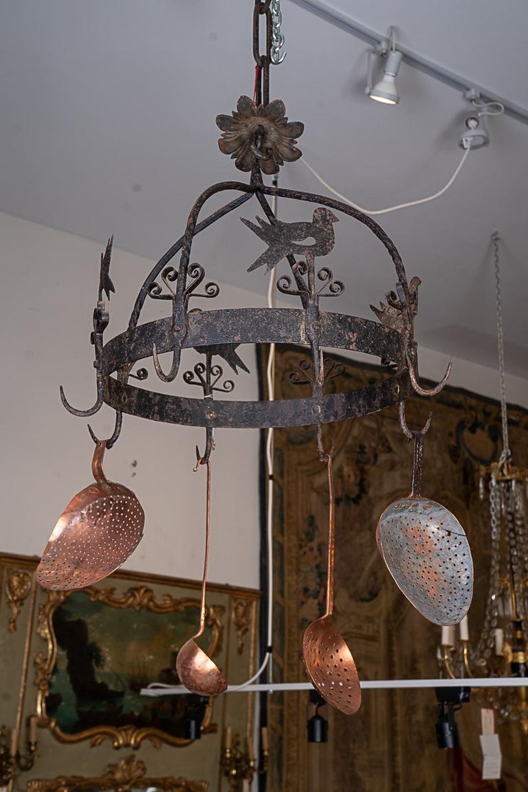 Whimsical Iron Pot Holder with Original Copper Utensils For Sale at 1stDibs