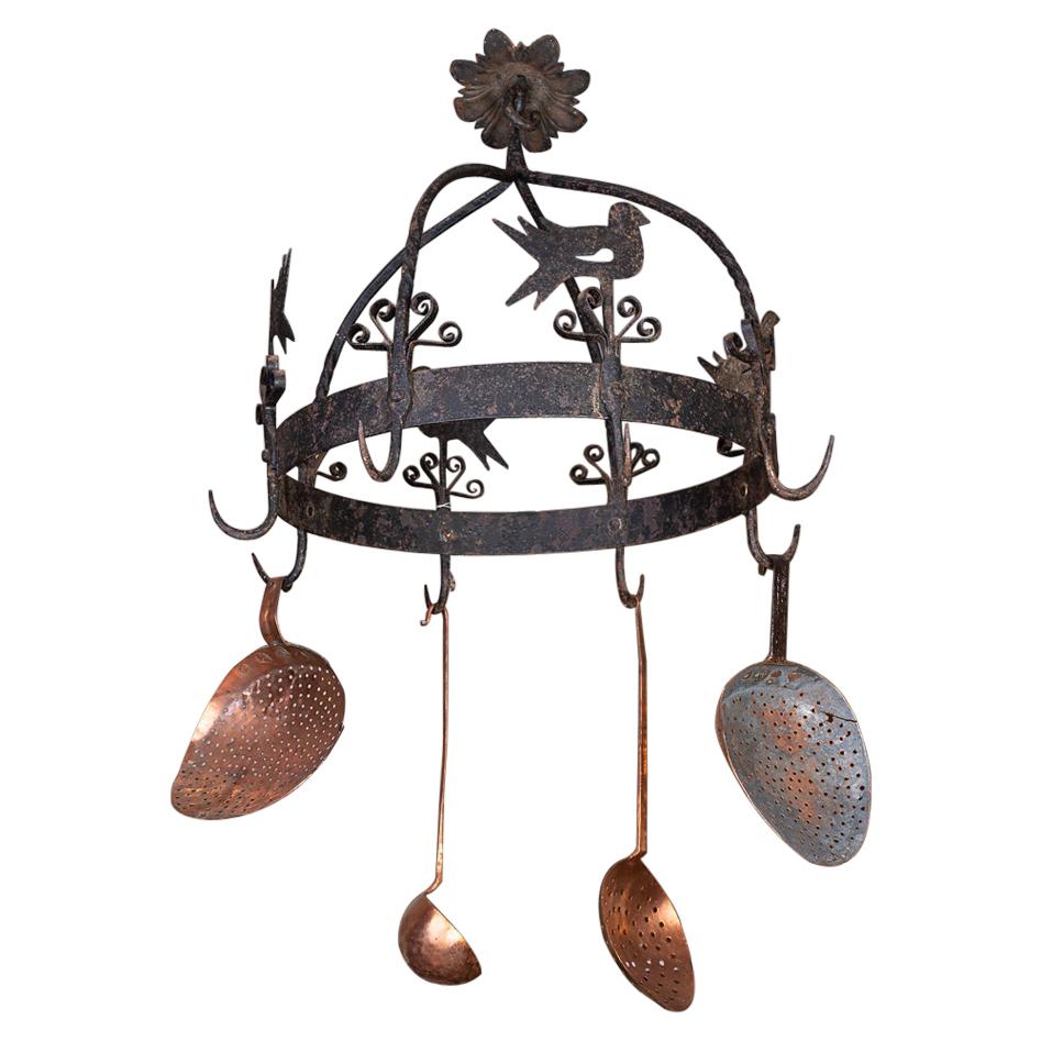 Whimsical Iron Pot Holder with Original Copper Utensils For Sale