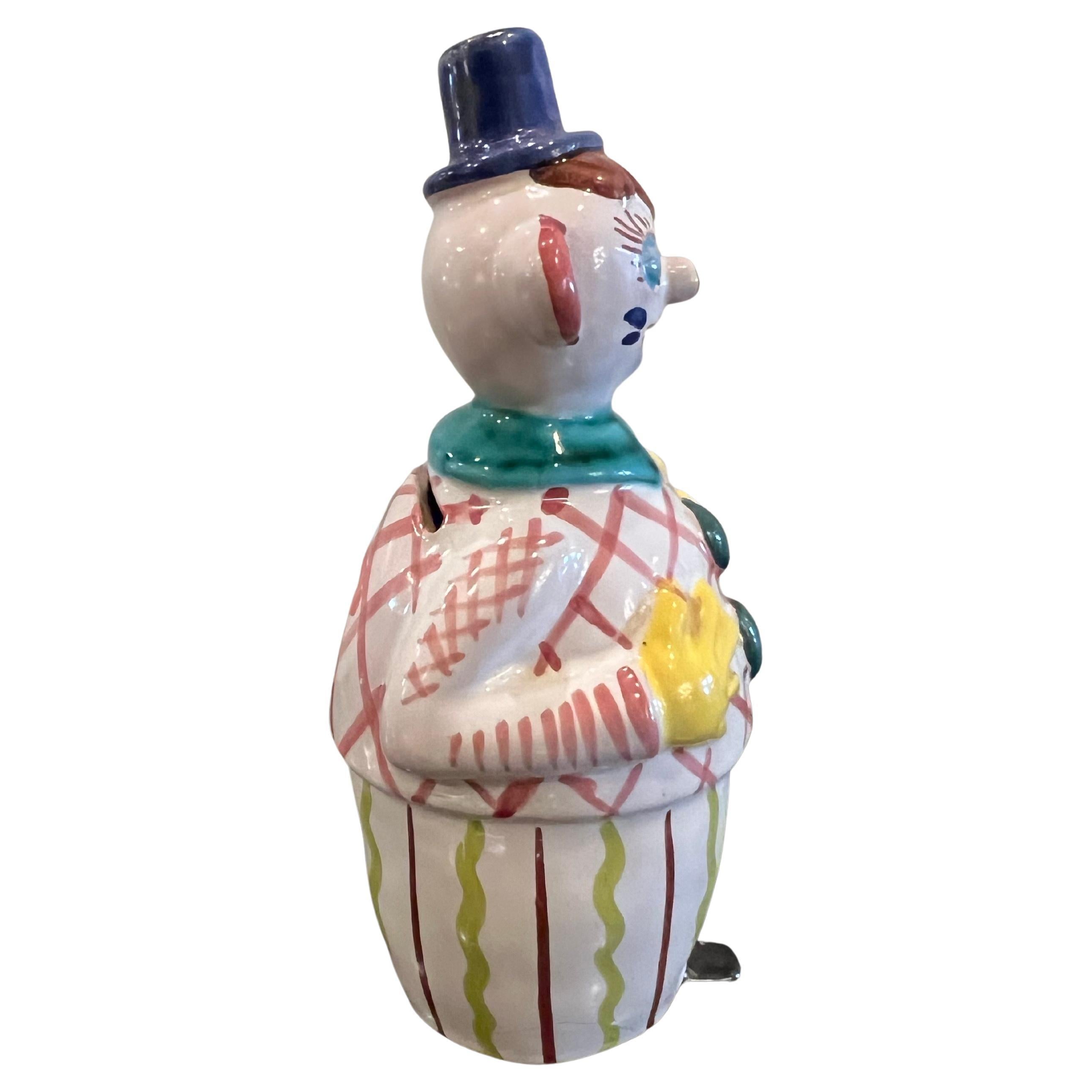 Caprichoso salvamonedas de cerámica italiano de Payaso Firmado Italia , circa 1950's pieza única de colección encantador pintado a mano .