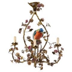 Whimsical Italian Chandelier, Porcelain Parrot, Porcelain Roses, Gilt Cage