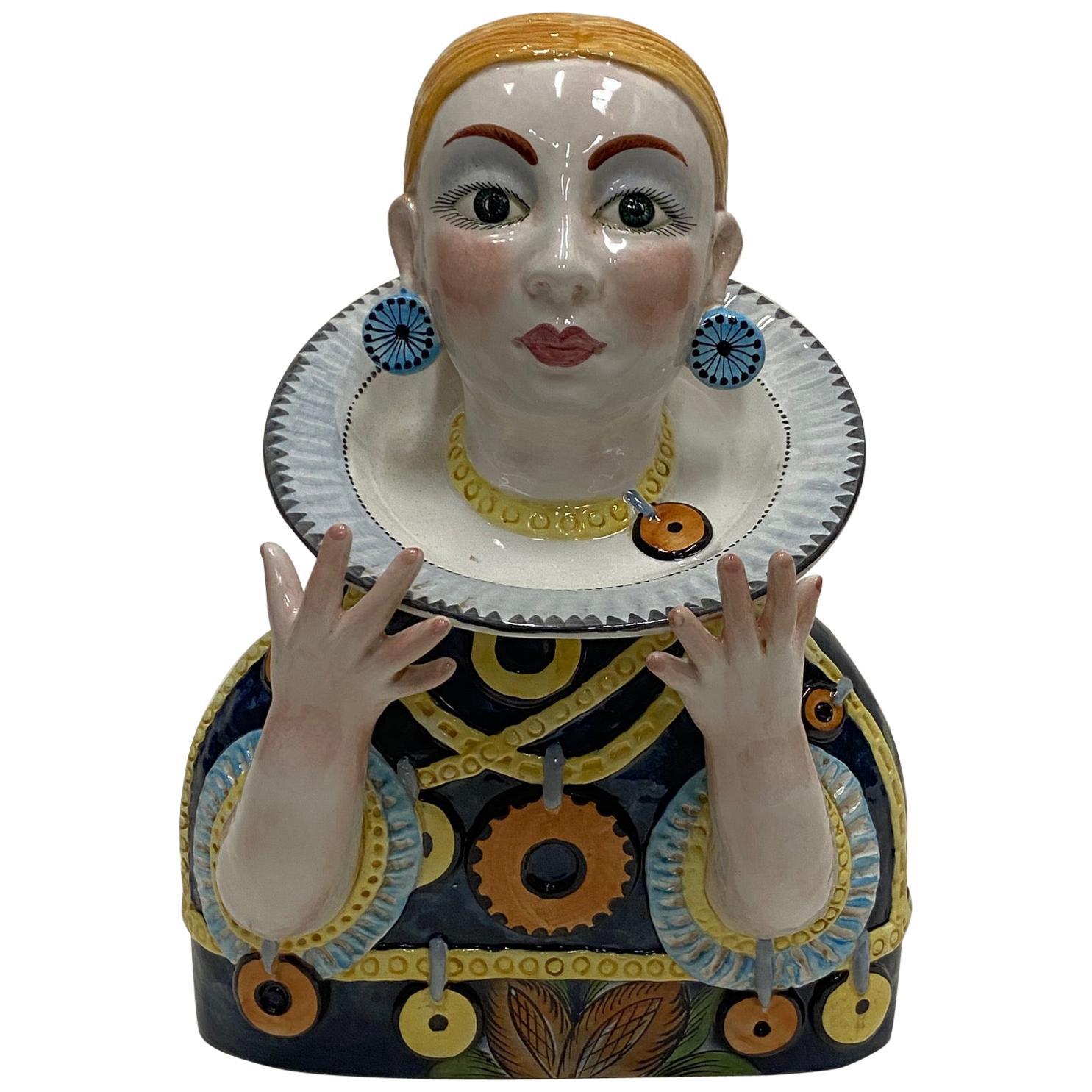 Whimsical Italian Glazed Ceramic Bust of a Woman