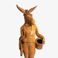 Whimsical Italian Walnut Carving of a Man with a Donkey’s Head