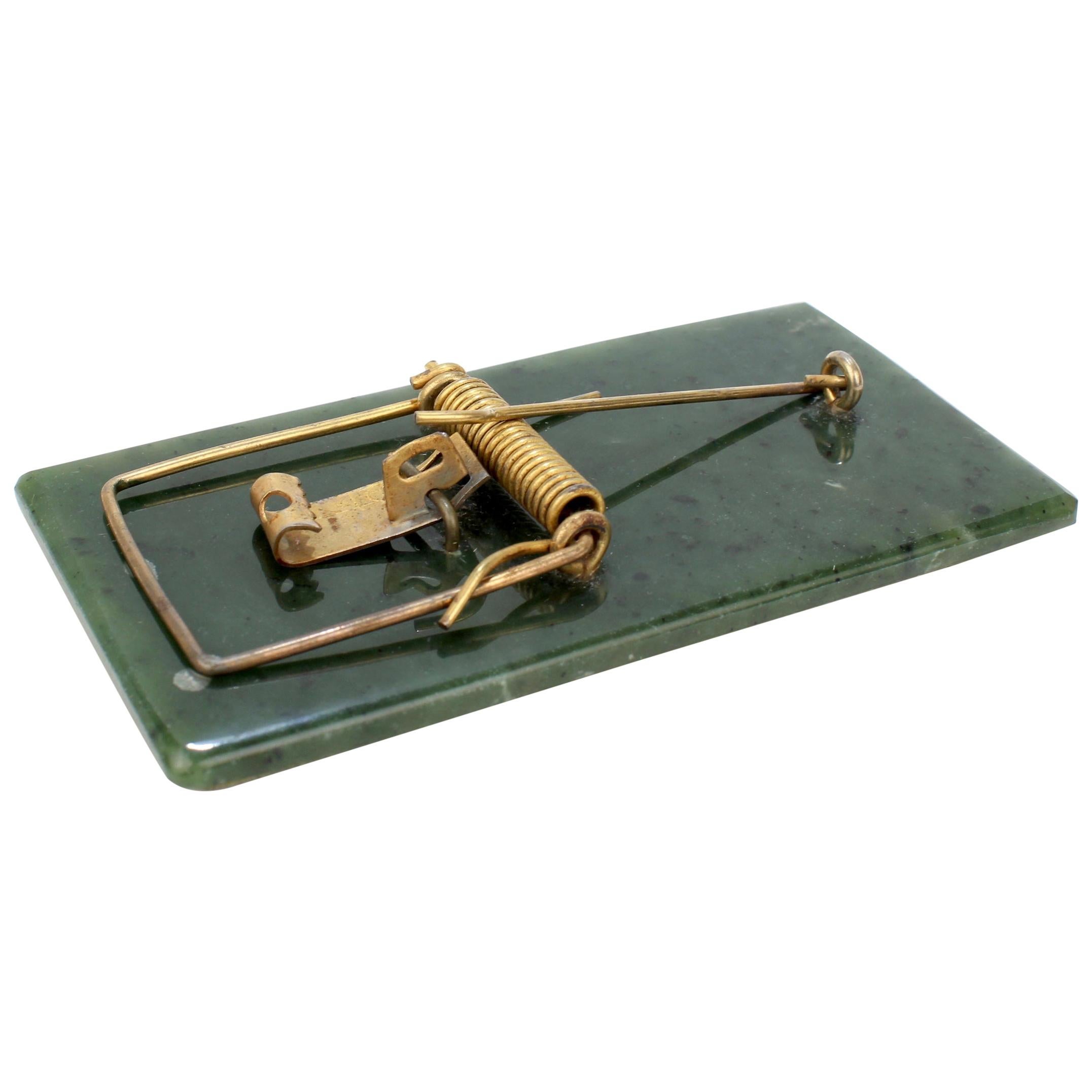 Whimsical Jade Gemstone and Gold-Plated Mouse Trap Sculpture or Desk Paper Clip
