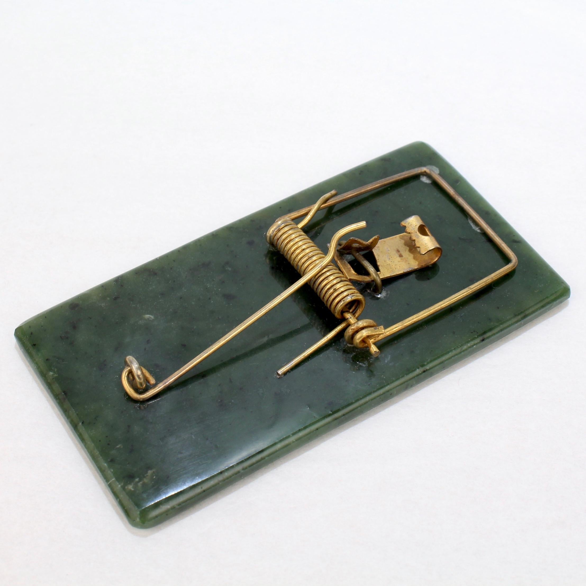 Uncut Whimsical Jade Gemstone and Gold-Plated Mouse Trap Sculpture or Desk Paper Clip