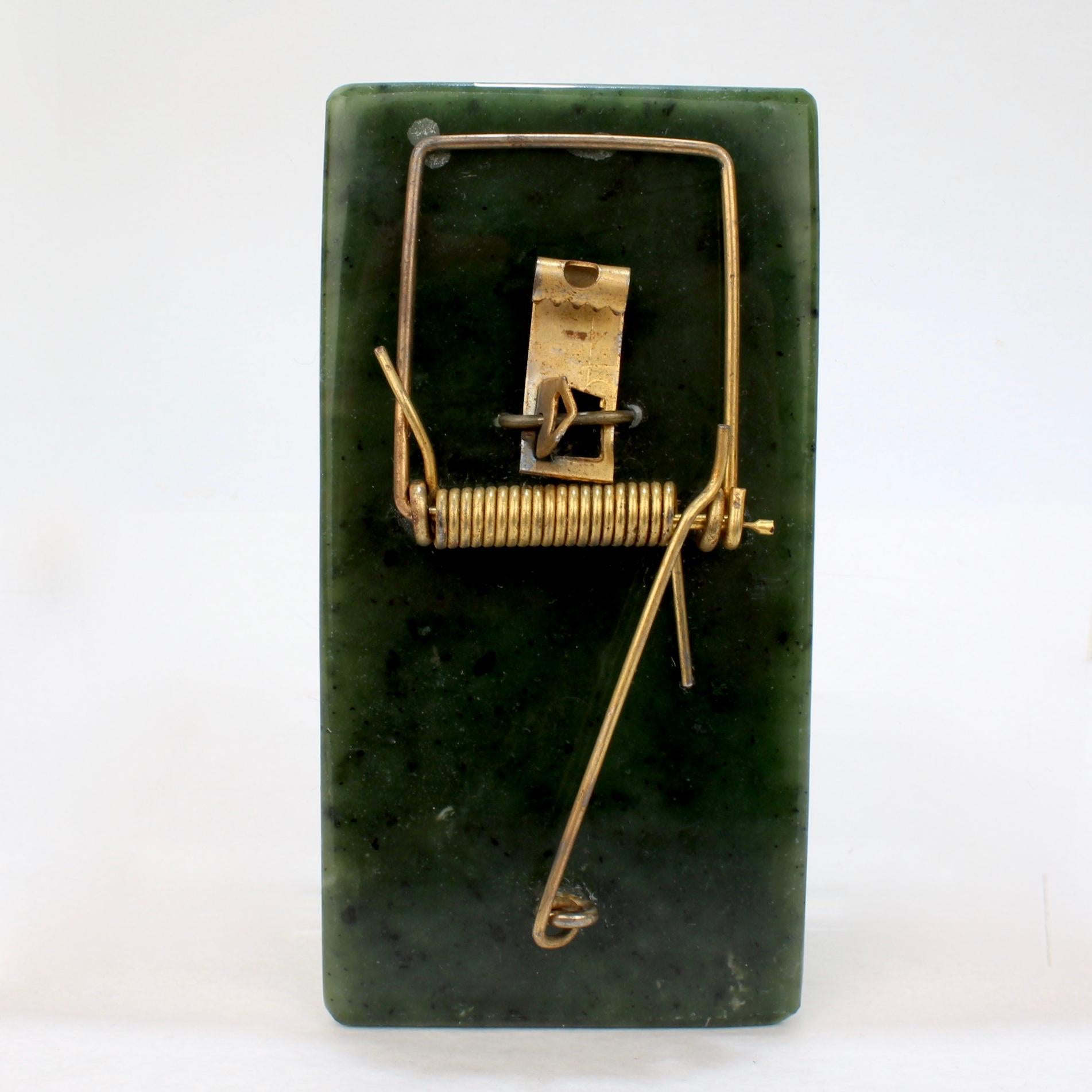 Women's or Men's Whimsical Jade Gemstone and Gold-Plated Mouse Trap Sculpture or Desk Paper Clip