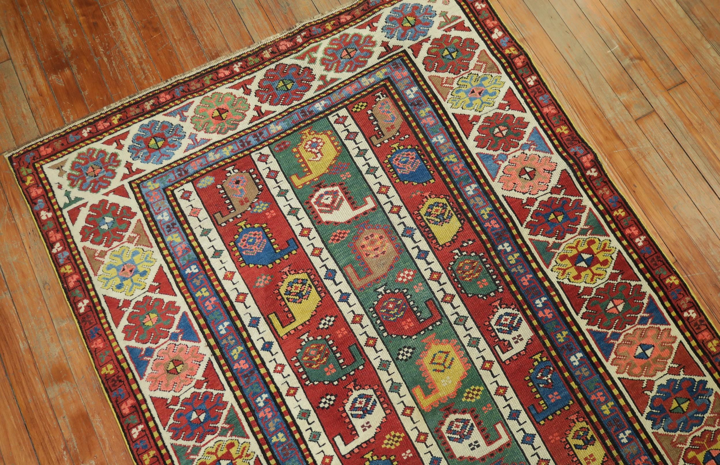 Whimsical Kazak Caucasian Wide Early 20th Century Runner In Excellent Condition In New York, NY