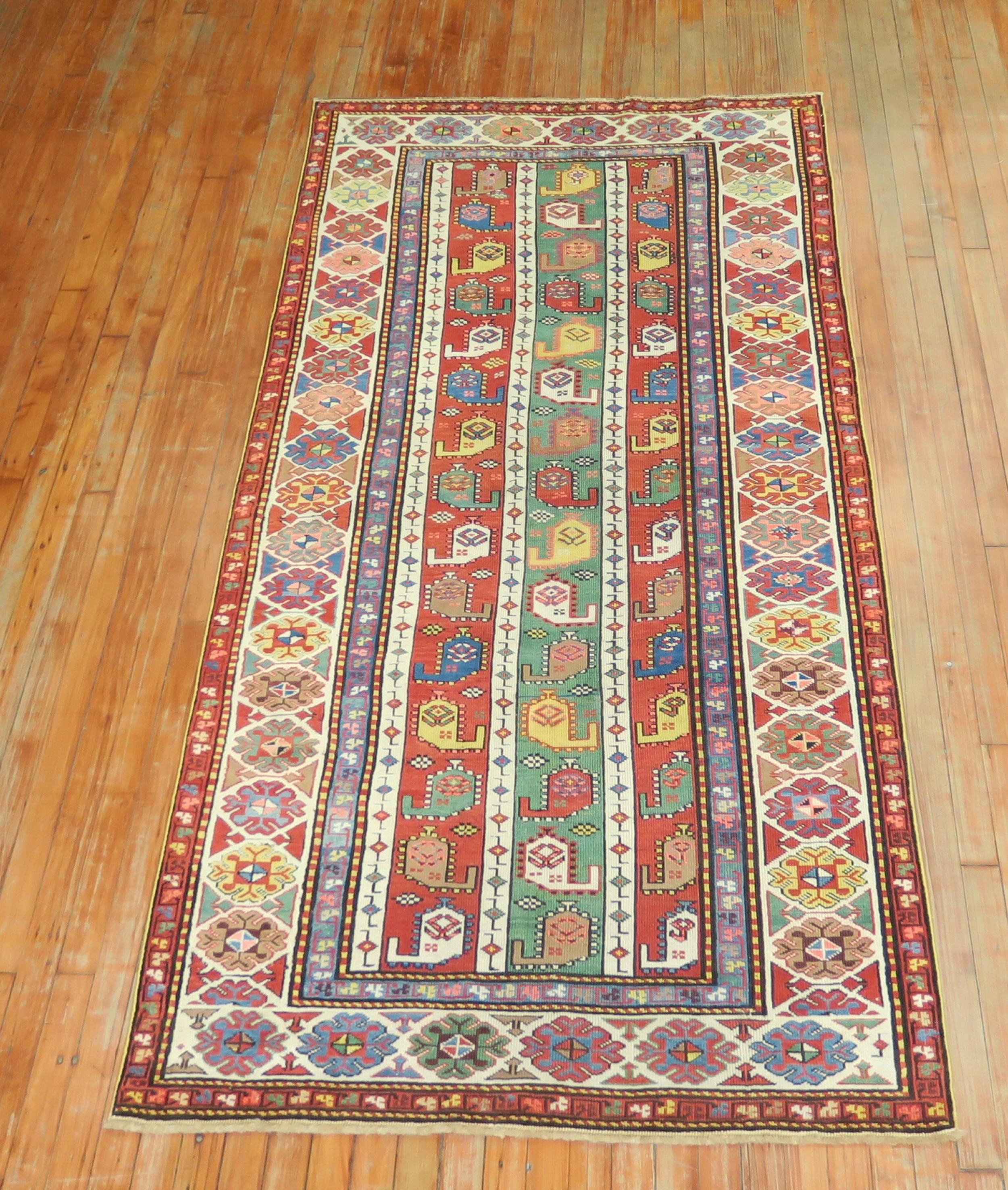 Whimsical Kazak Caucasian Wide Early 20th Century Runner 2