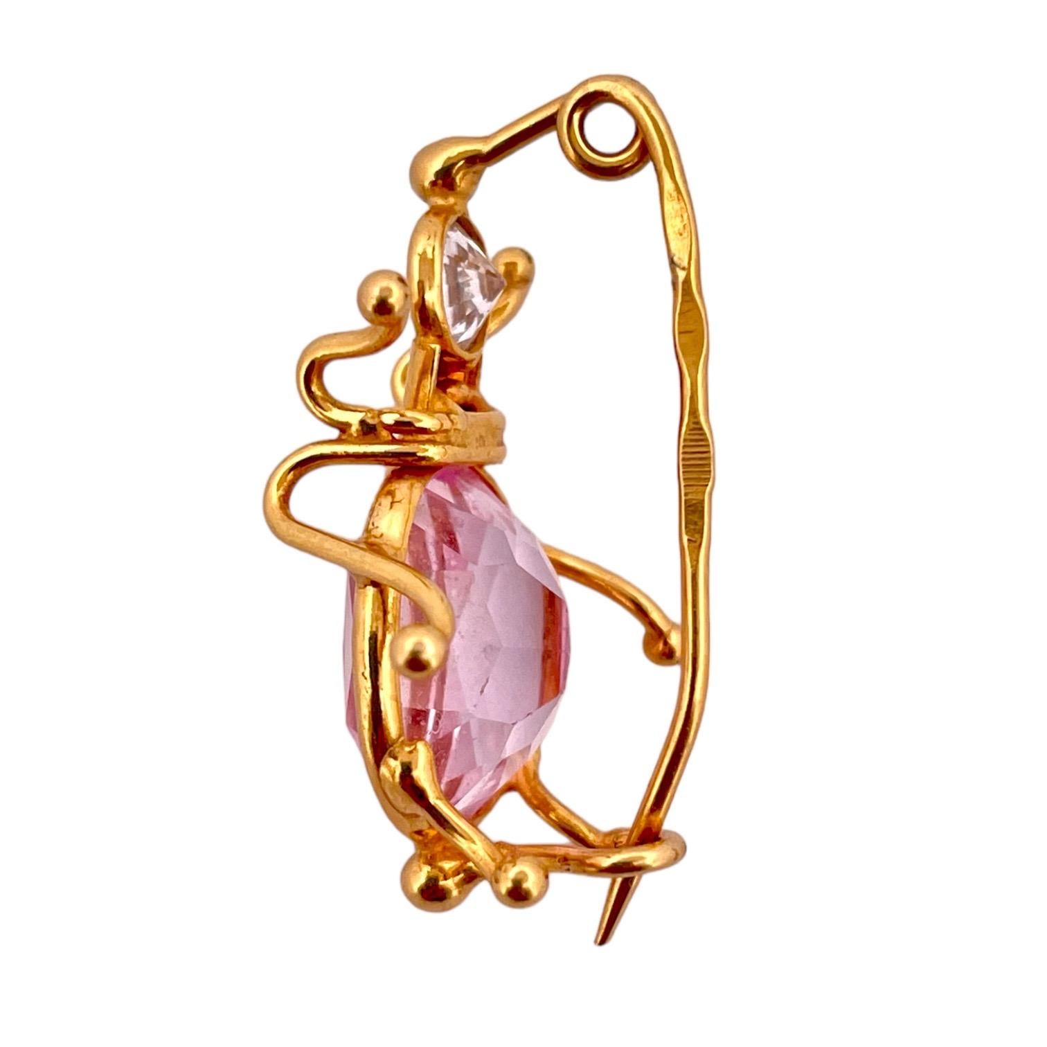 Modern Whimsical Kunzite & White Sapphire Bug Brooch in 14K Yellow Gold For Sale