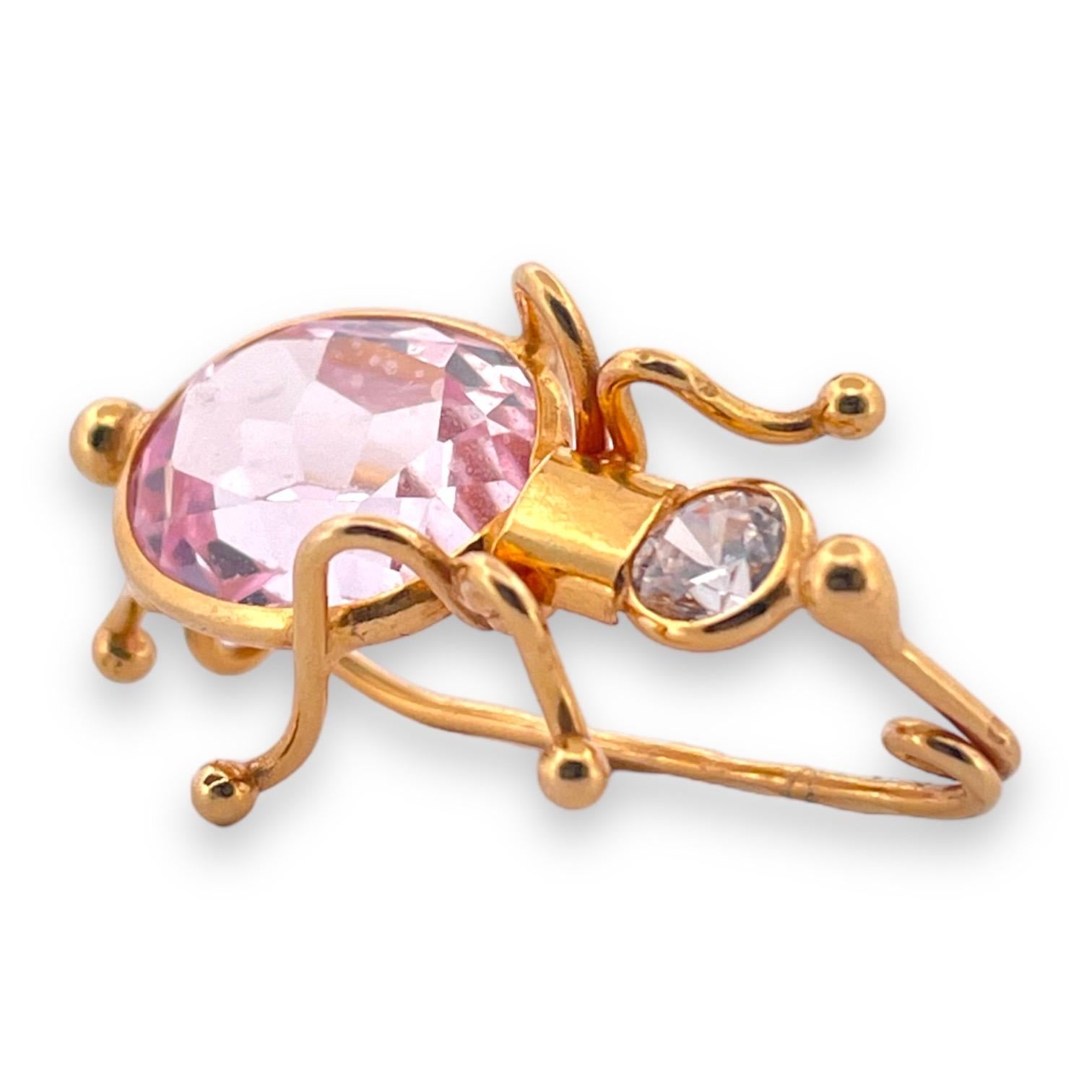 Oval Cut Whimsical Kunzite & White Sapphire Bug Brooch in 14K Yellow Gold For Sale