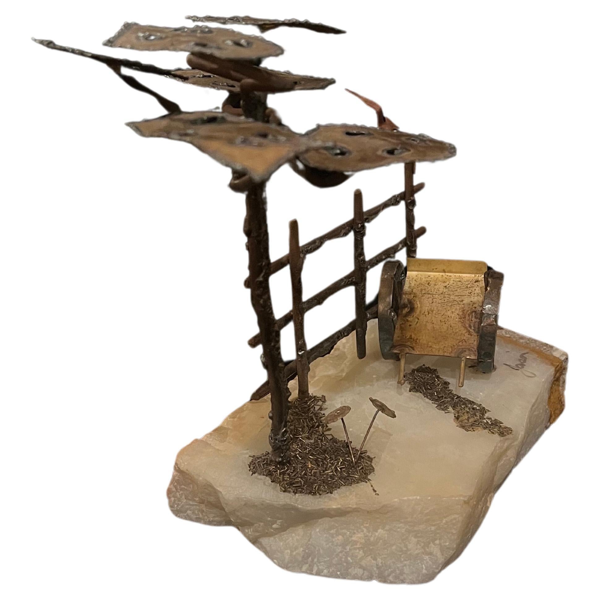scultura da tavolo stravagante del 1970 circa in bronzo con base in onice, paesaggio figurativo, firmata Jason, pezzo ben fatto.