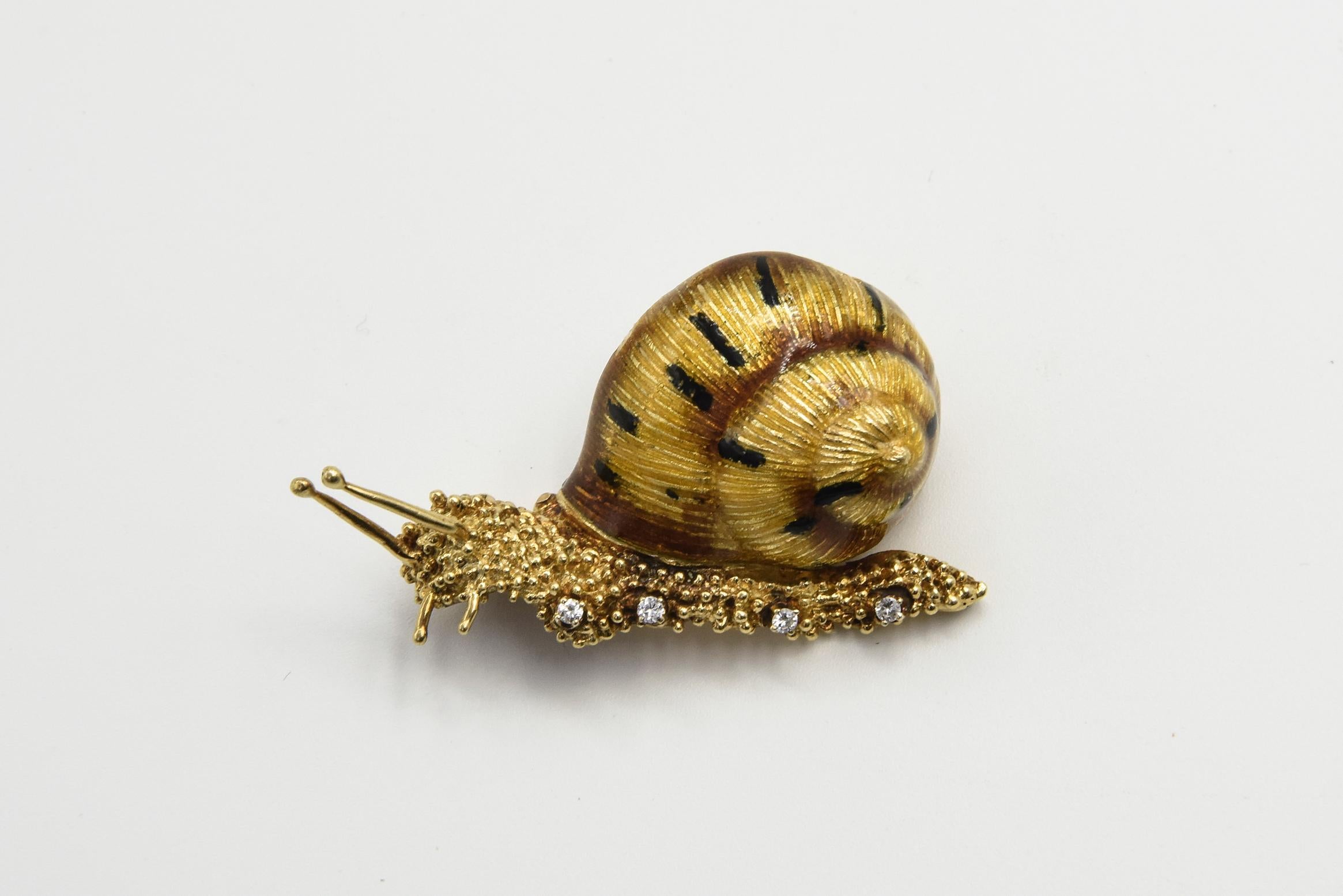 Whimsical Large Enamel and Diamond Yellow Gold Snail Brooch For Sale 2