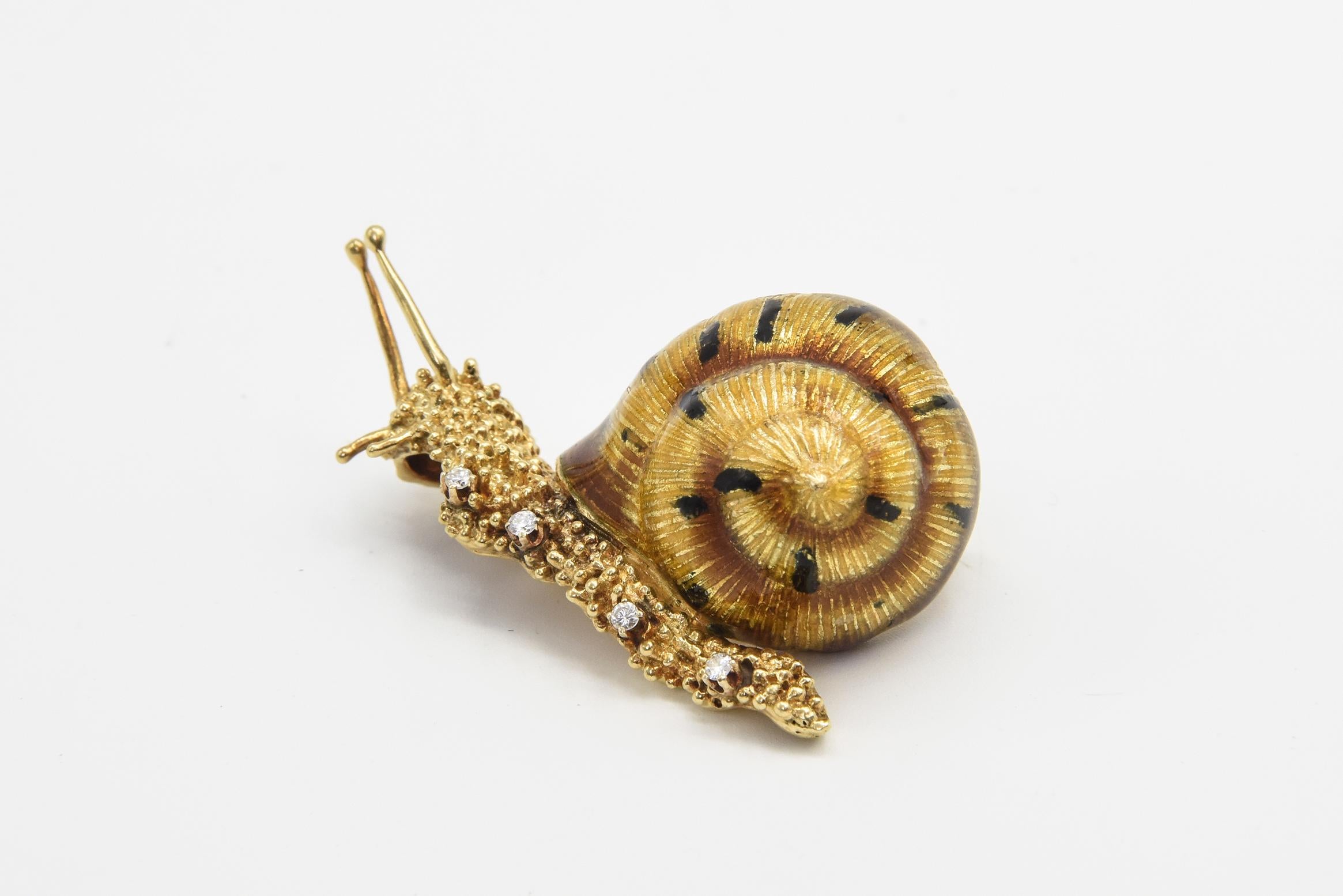 Whimsical Large Enamel and Diamond Yellow Gold Snail Brooch For Sale 3