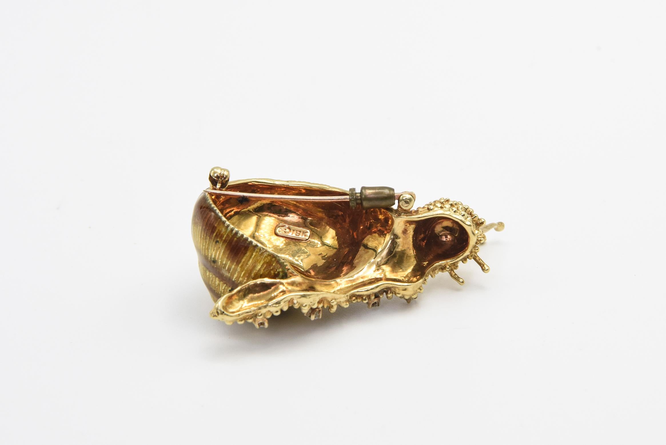 Round Cut Whimsical Large Enamel and Diamond Yellow Gold Snail Brooch For Sale