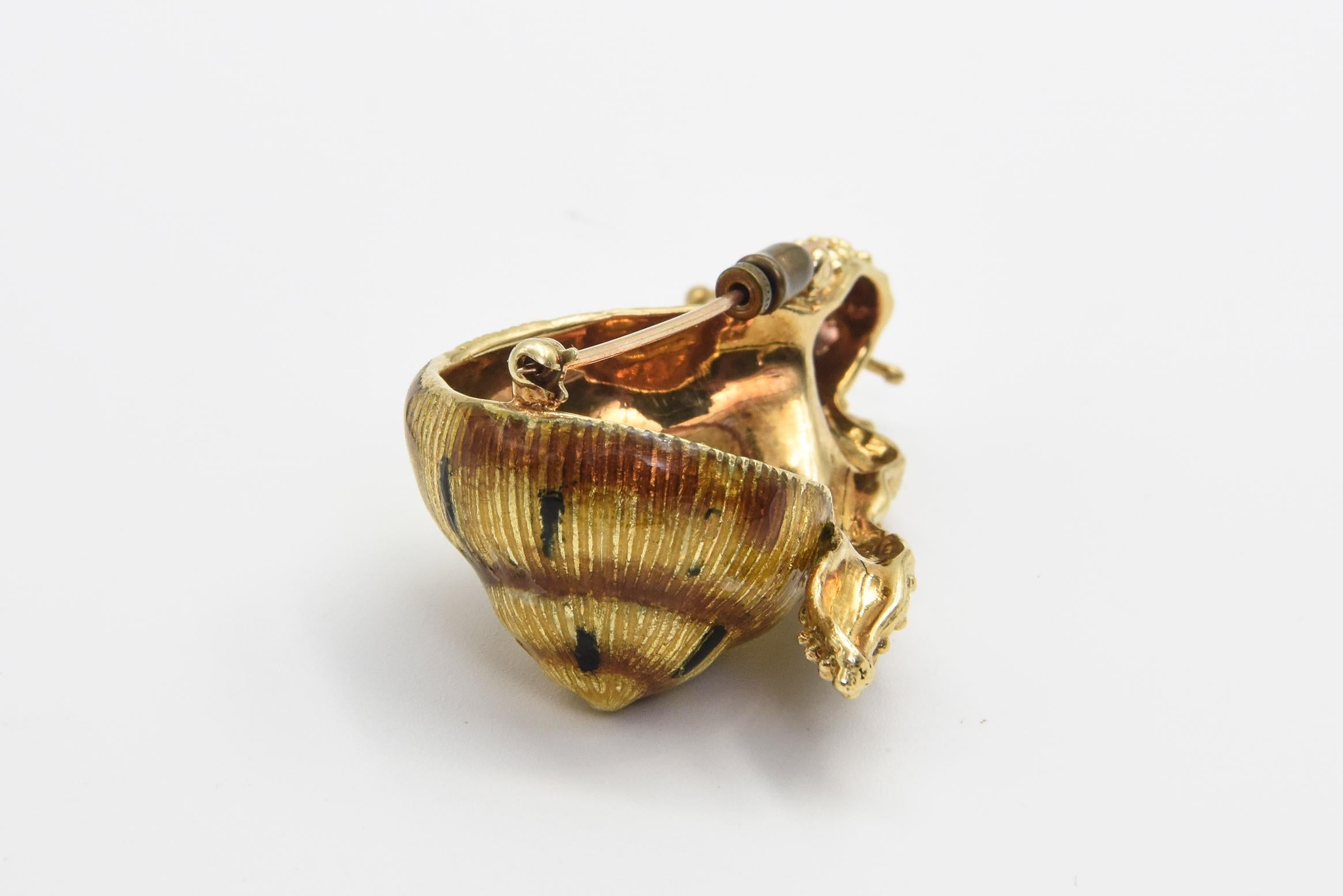 Whimsical Large Enamel and Diamond Yellow Gold Snail Brooch For Sale 1