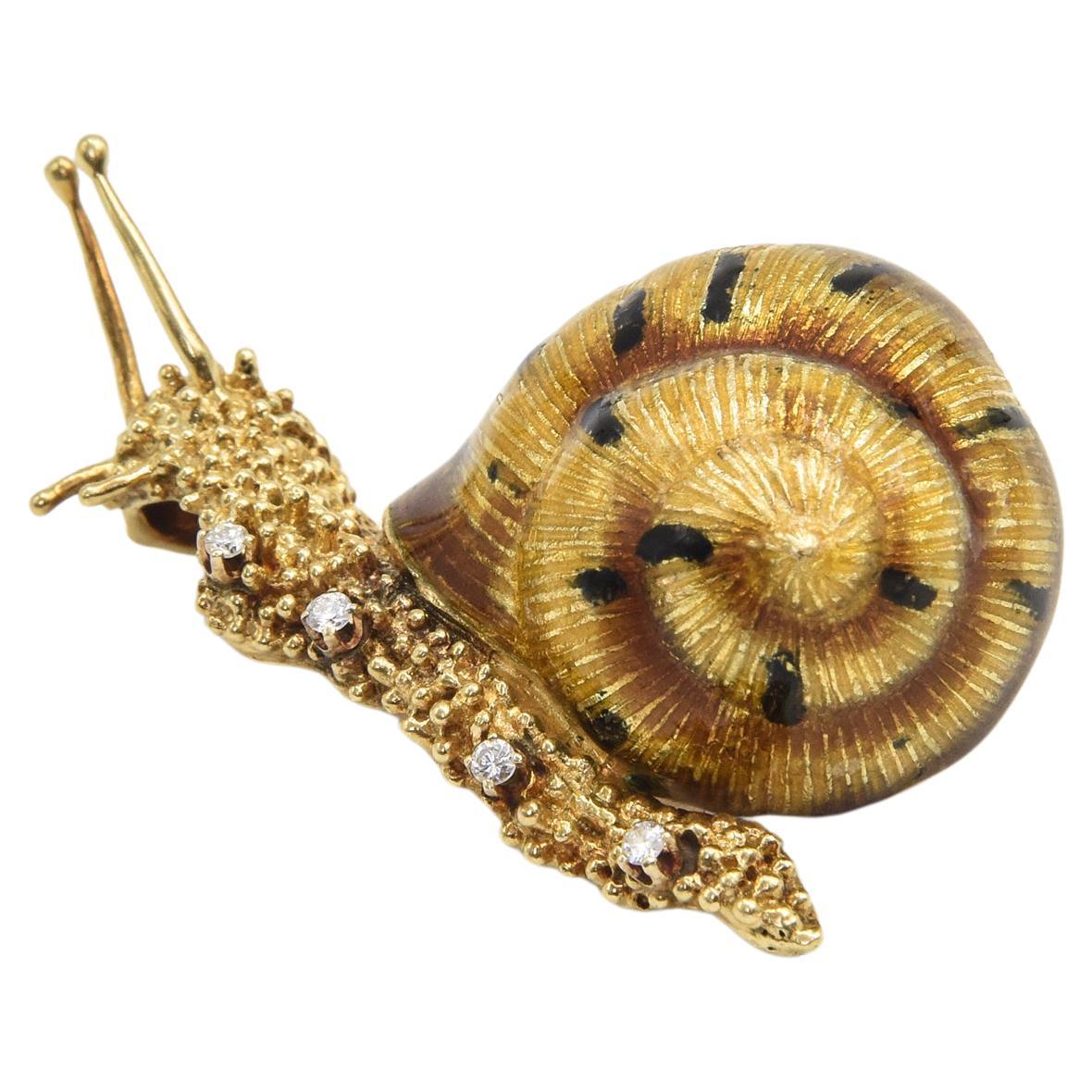 Whimsical Large Enamel and Diamond Yellow Gold Snail Brooch For Sale