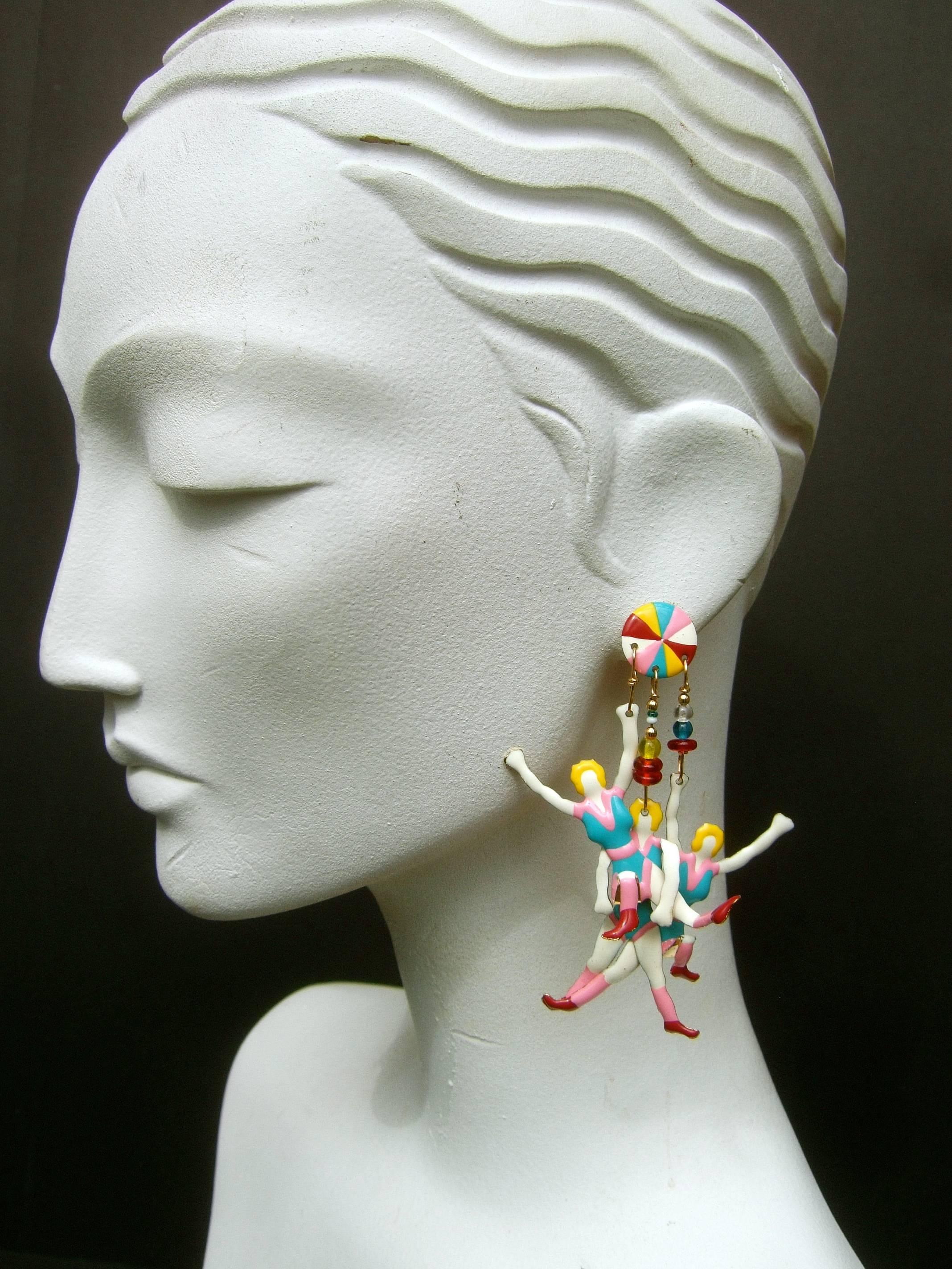 Artist Whimsical Large Scale Figural Enamel Post Earrings circa 1980s  For Sale