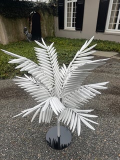 Whimsical Large Tole Painted White Metal Palm Tree with Black Base