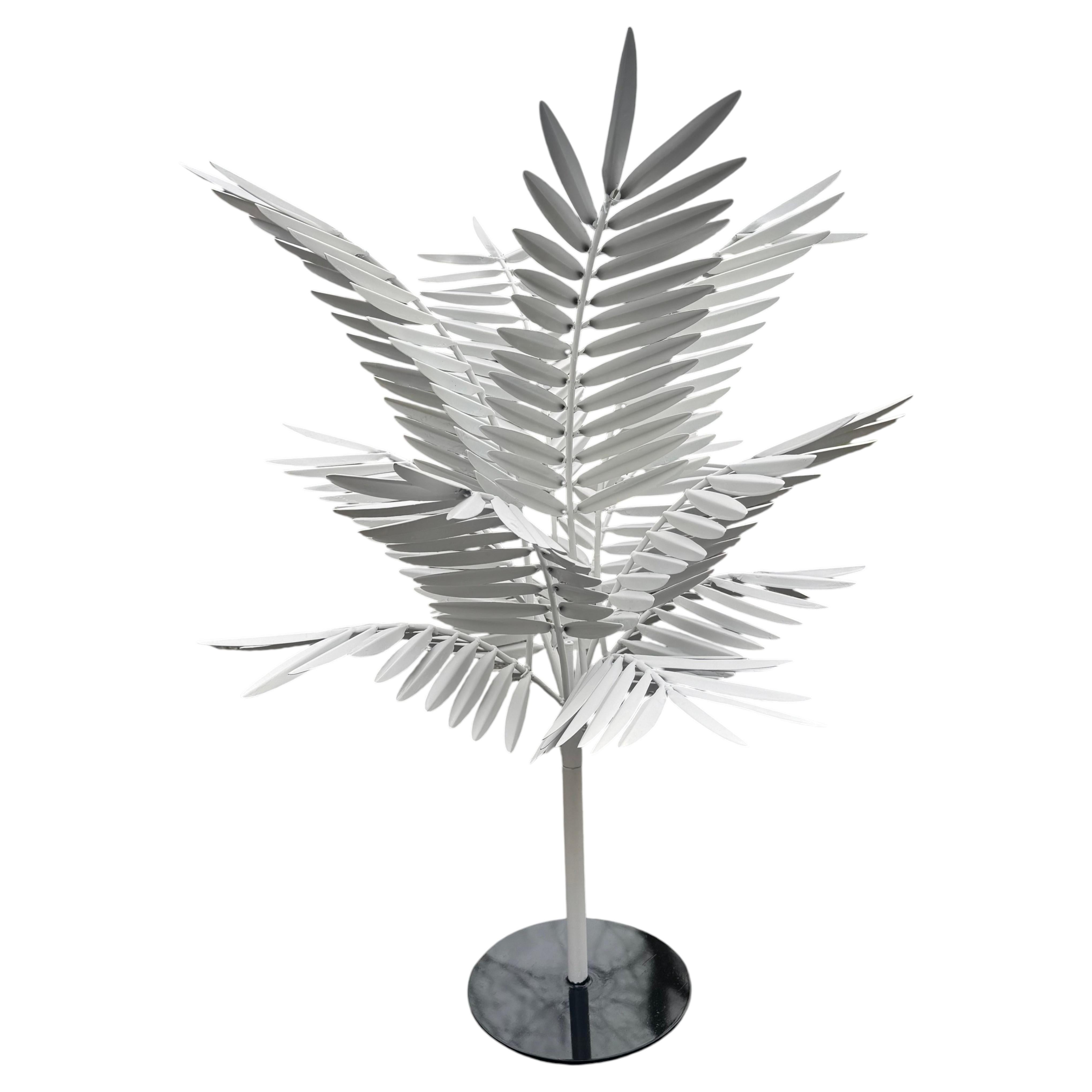 Whimsical Large Tole Painted White Metal Palm Tree with Black Base For Sale
