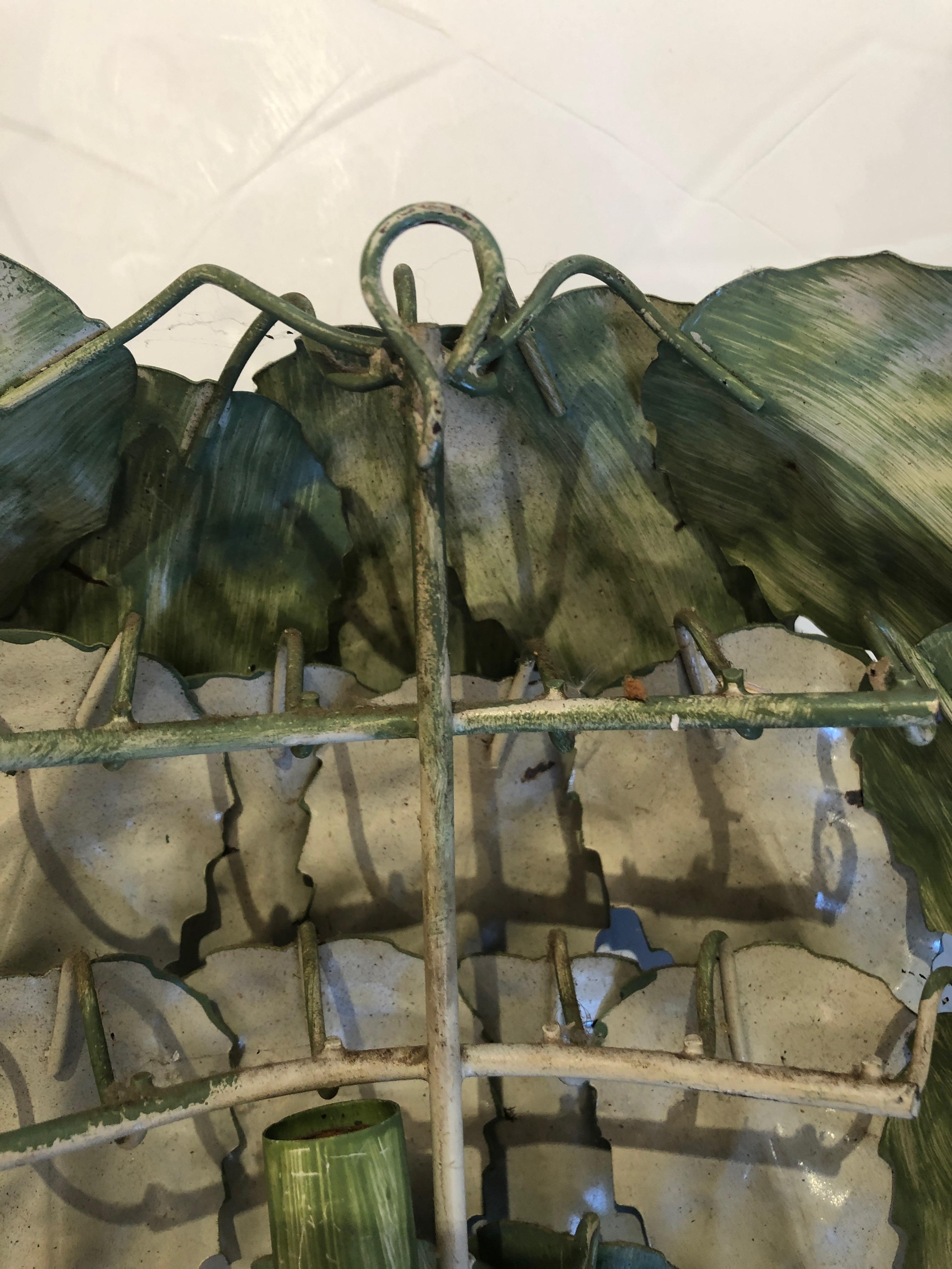 Whimsical Leaf Motife Green Tole Wall Sconces In Excellent Condition In Hopewell, NJ