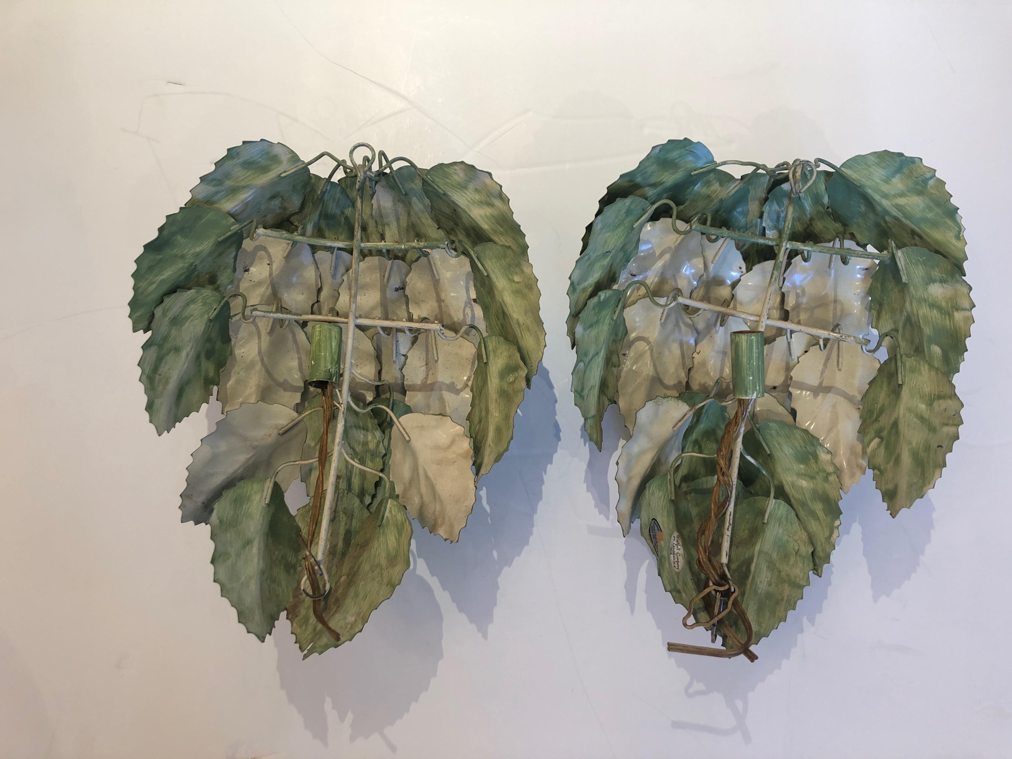 Metal Whimsical Leaf Motife Green Tole Wall Sconces For Sale