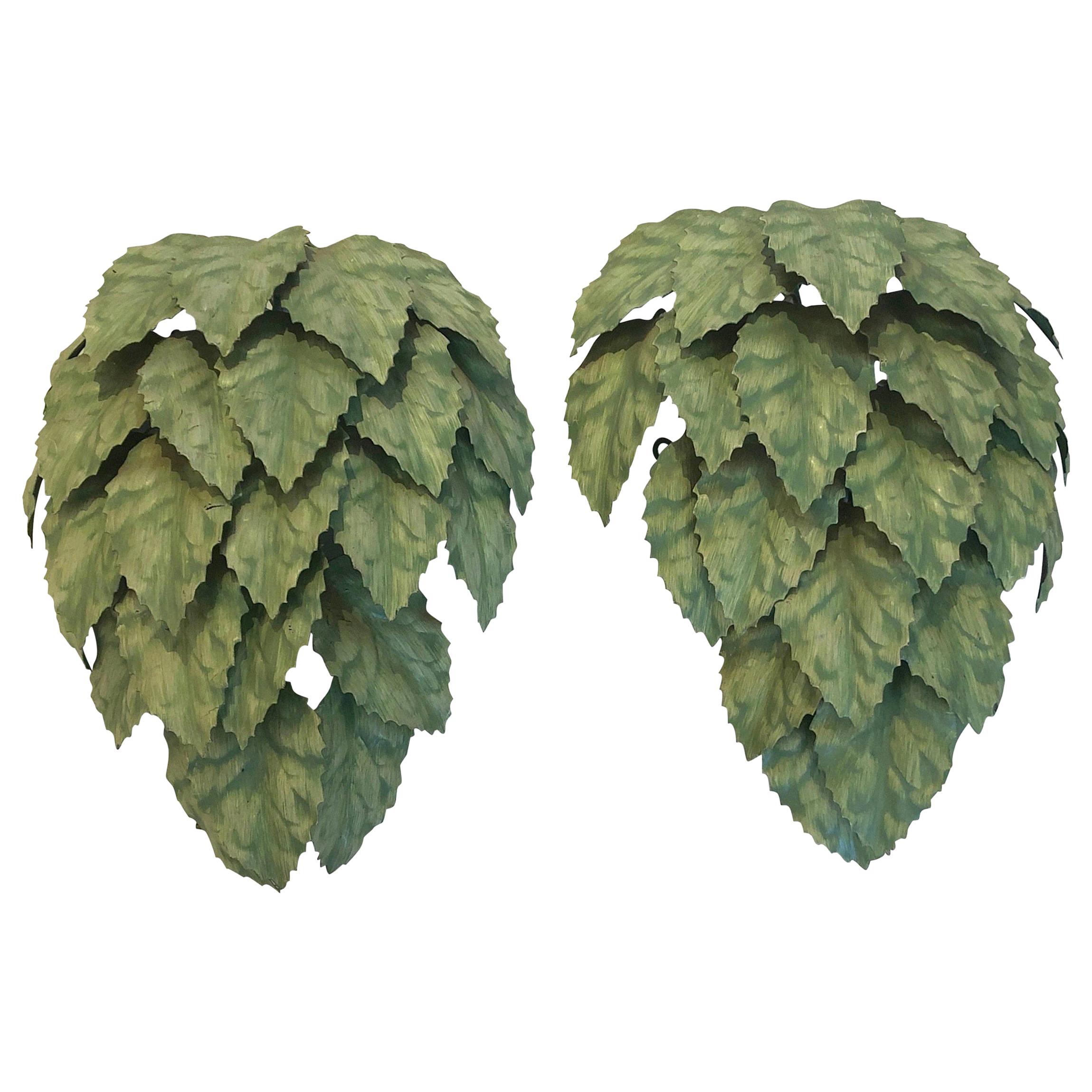 Whimsical Leaf Motife Green Tole Wall Sconces For Sale