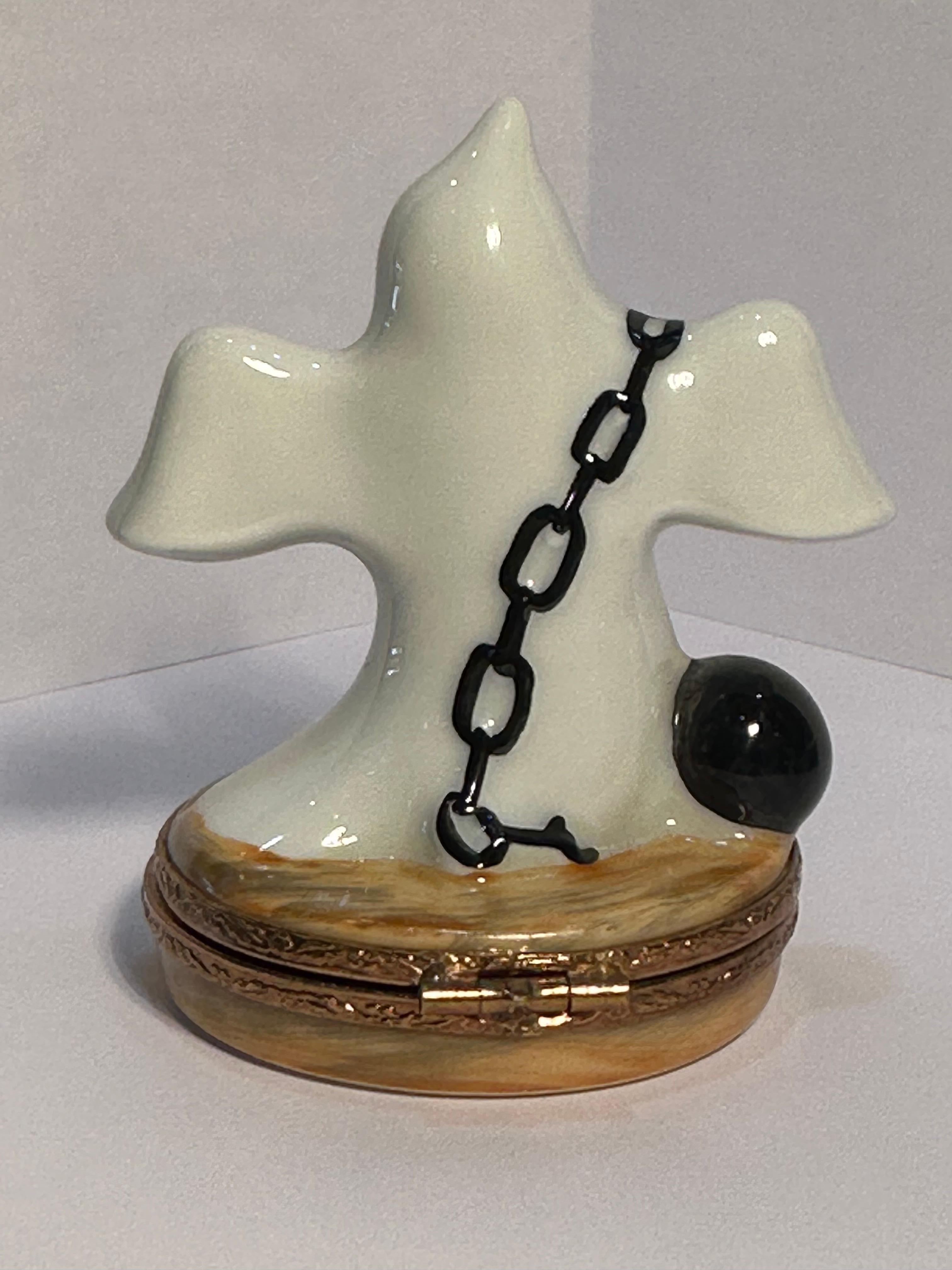French Provincial Whimsical Limoges France Halloween Ghost With Ball & Chain Porcelain Trinket Box For Sale