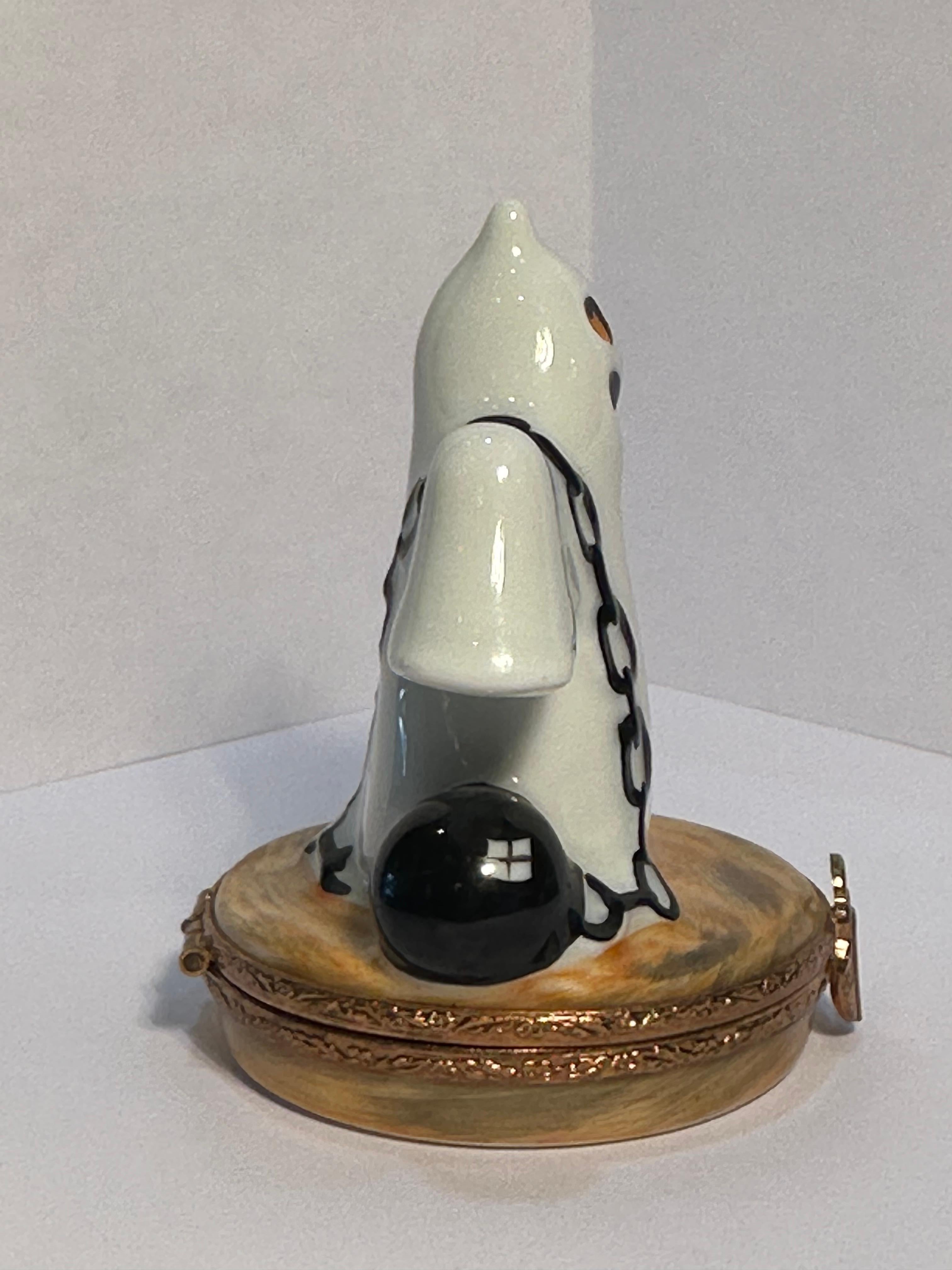 French Whimsical Limoges France Halloween Ghost With Ball & Chain Porcelain Trinket Box For Sale