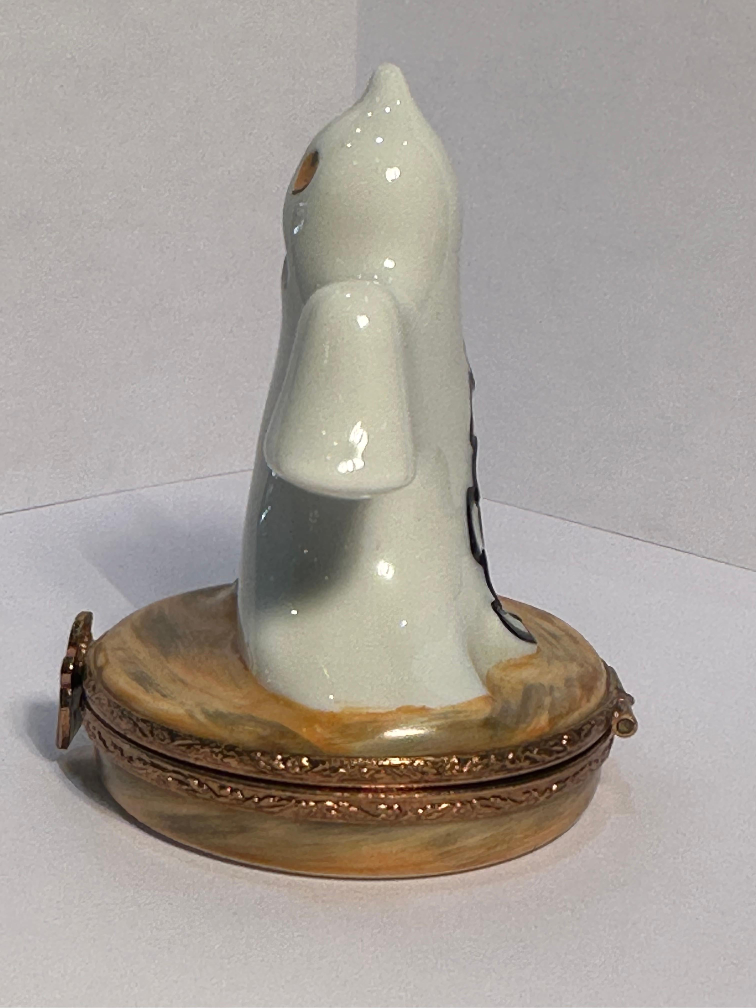French Whimsical Limoges France Halloween Ghost With Ball & Chain Porcelain Trinket Box For Sale
