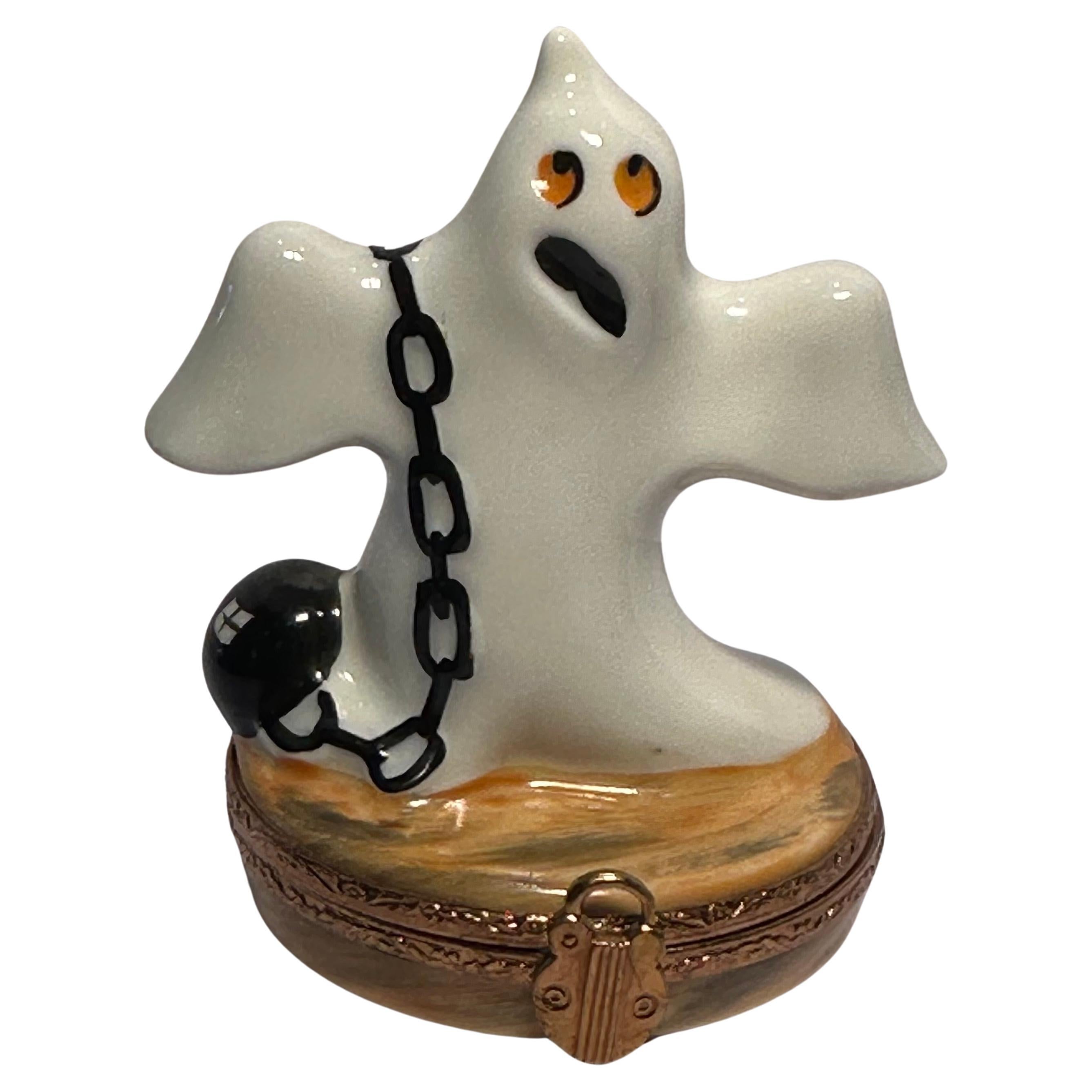 Whimsical Limoges France Halloween Ghost With Ball & Chain Porcelain Trinket Box For Sale