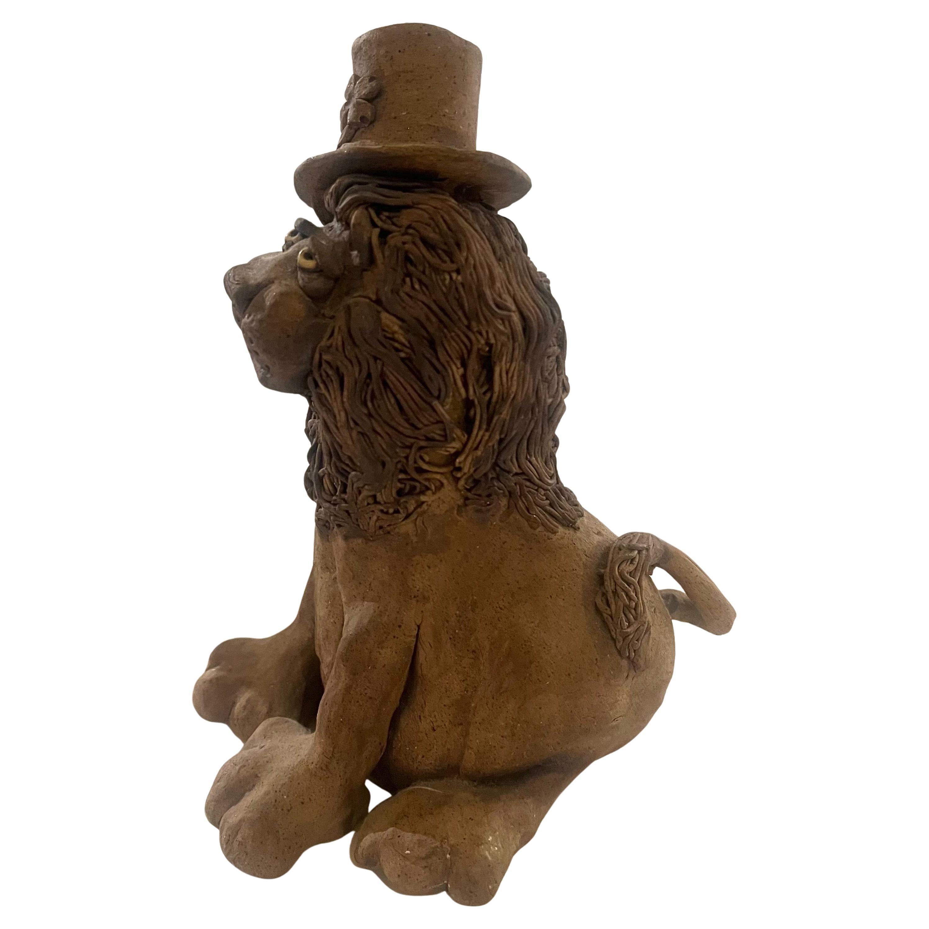Mid-Century Modern Whimsical Lion Clay Sculpture Signed California Artist For Sale