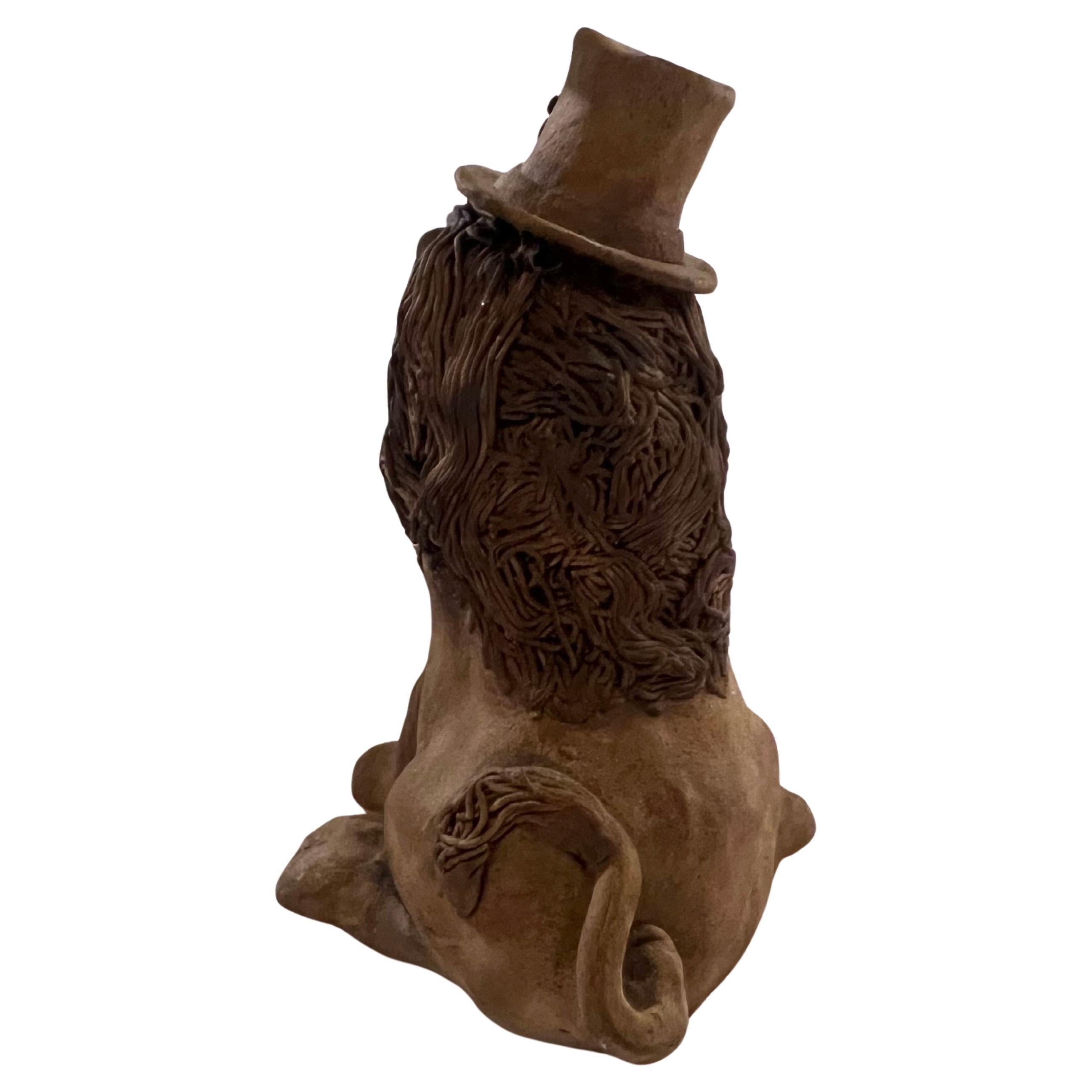 American Whimsical Lion Clay Sculpture Signed California Artist For Sale