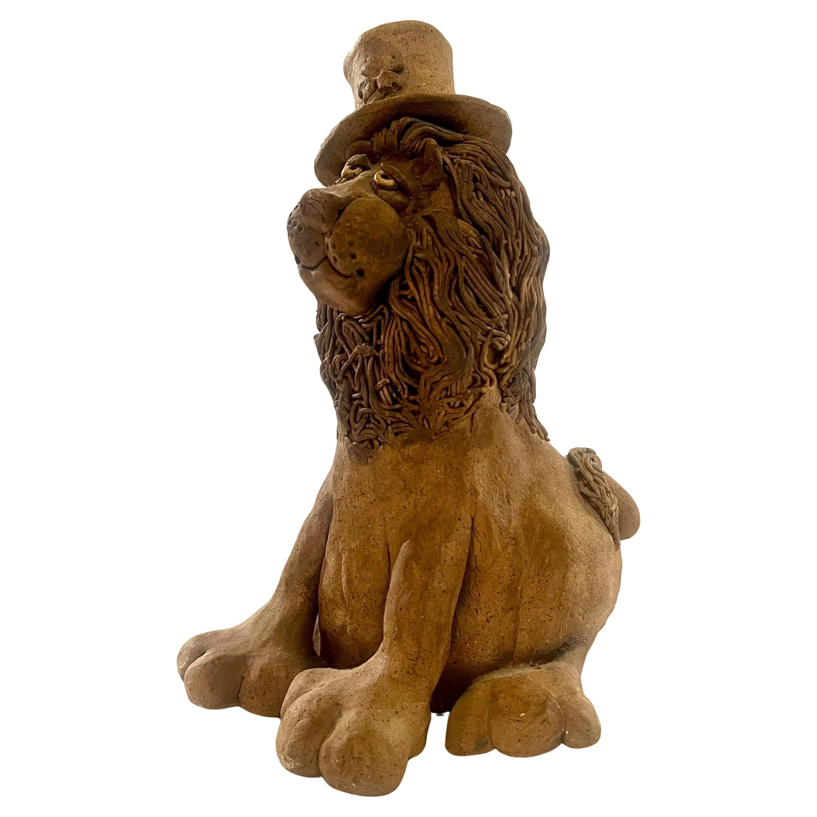 Whimsical Lion Clay Sculpture Signed California Artist In Good Condition For Sale In San Diego, CA