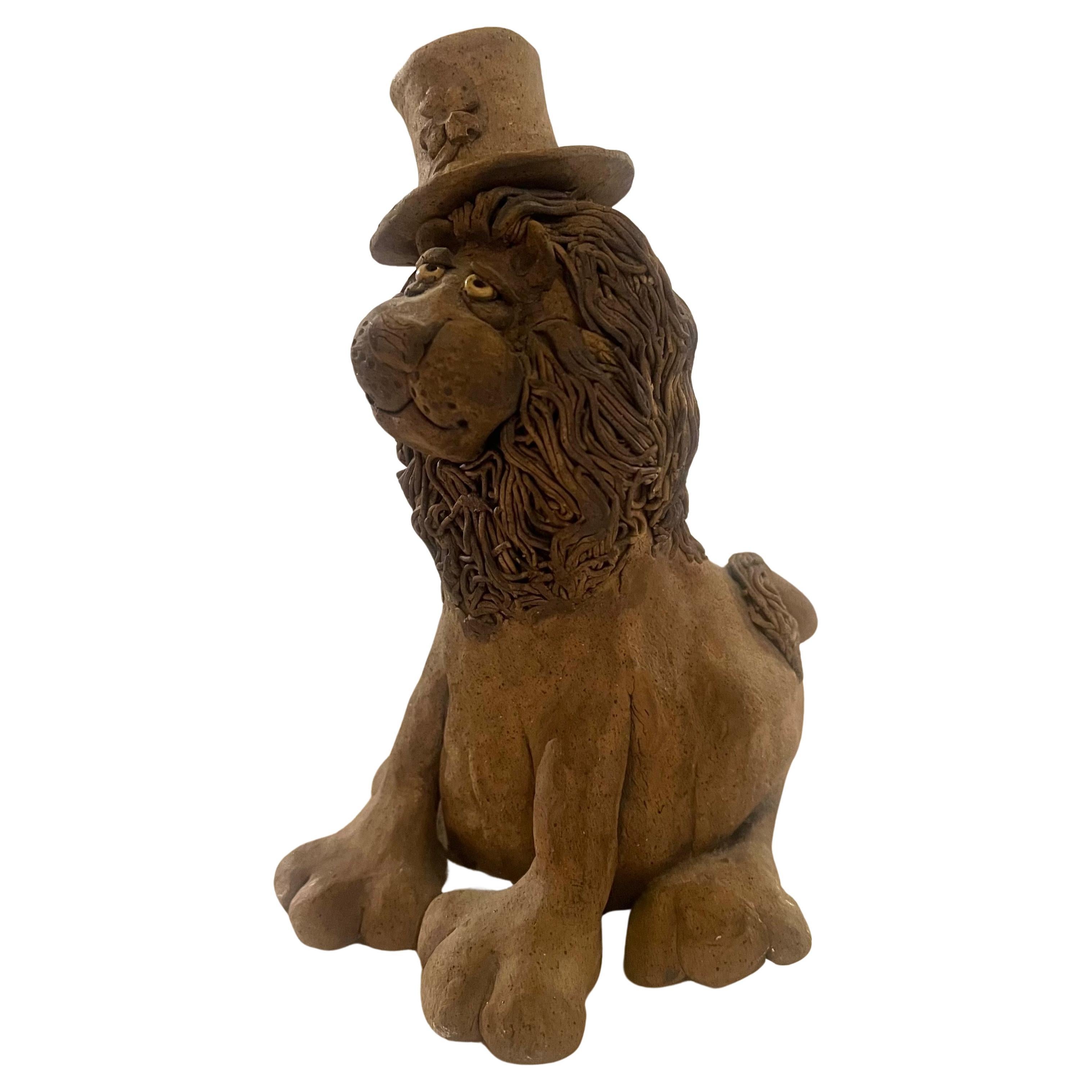 Whimsical Lion Clay Sculpture Signed California Artist For Sale 1