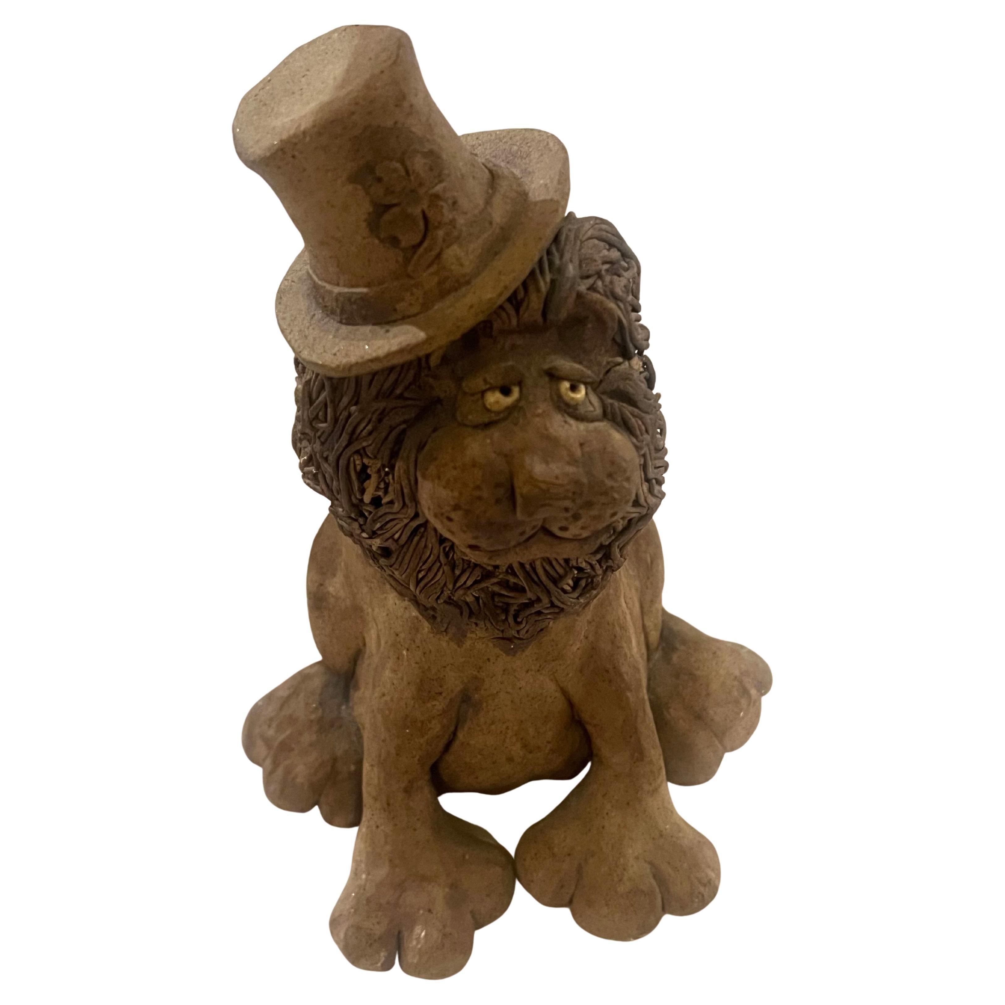 Whimsical Lion Clay Sculpture Signed California Artist