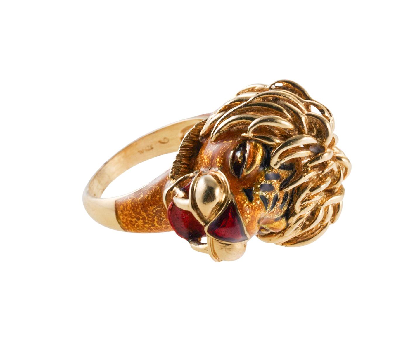 Whimsical Lion Enamel Gold Ring For Sale 3