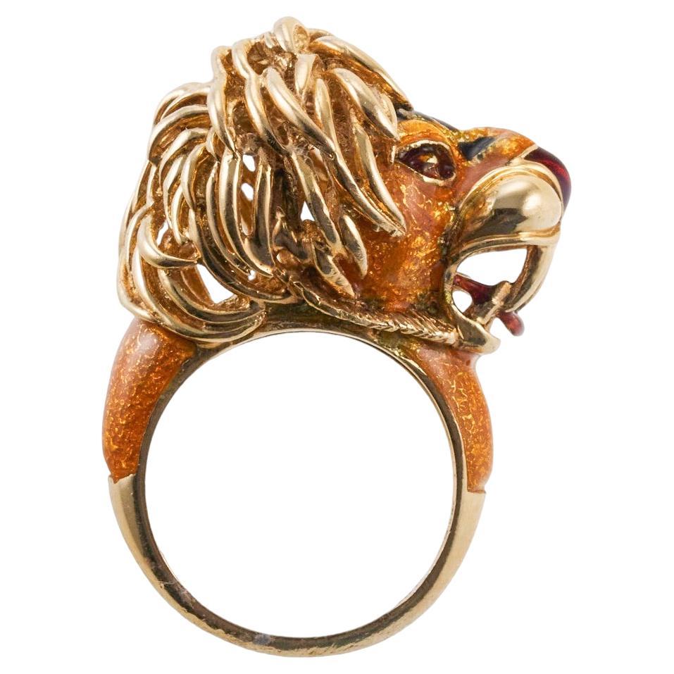 Whimsical Lion Enamel Gold Ring For Sale