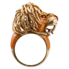 Vintage Whimsical Lion Enamel Gold Ring