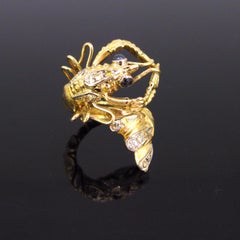 Whimsical Lobster Diamond Sapphire Yellow Gold Ring