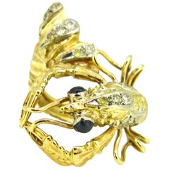 Whimsical Lobster Diamond Sapphire Yellow Gold Ring