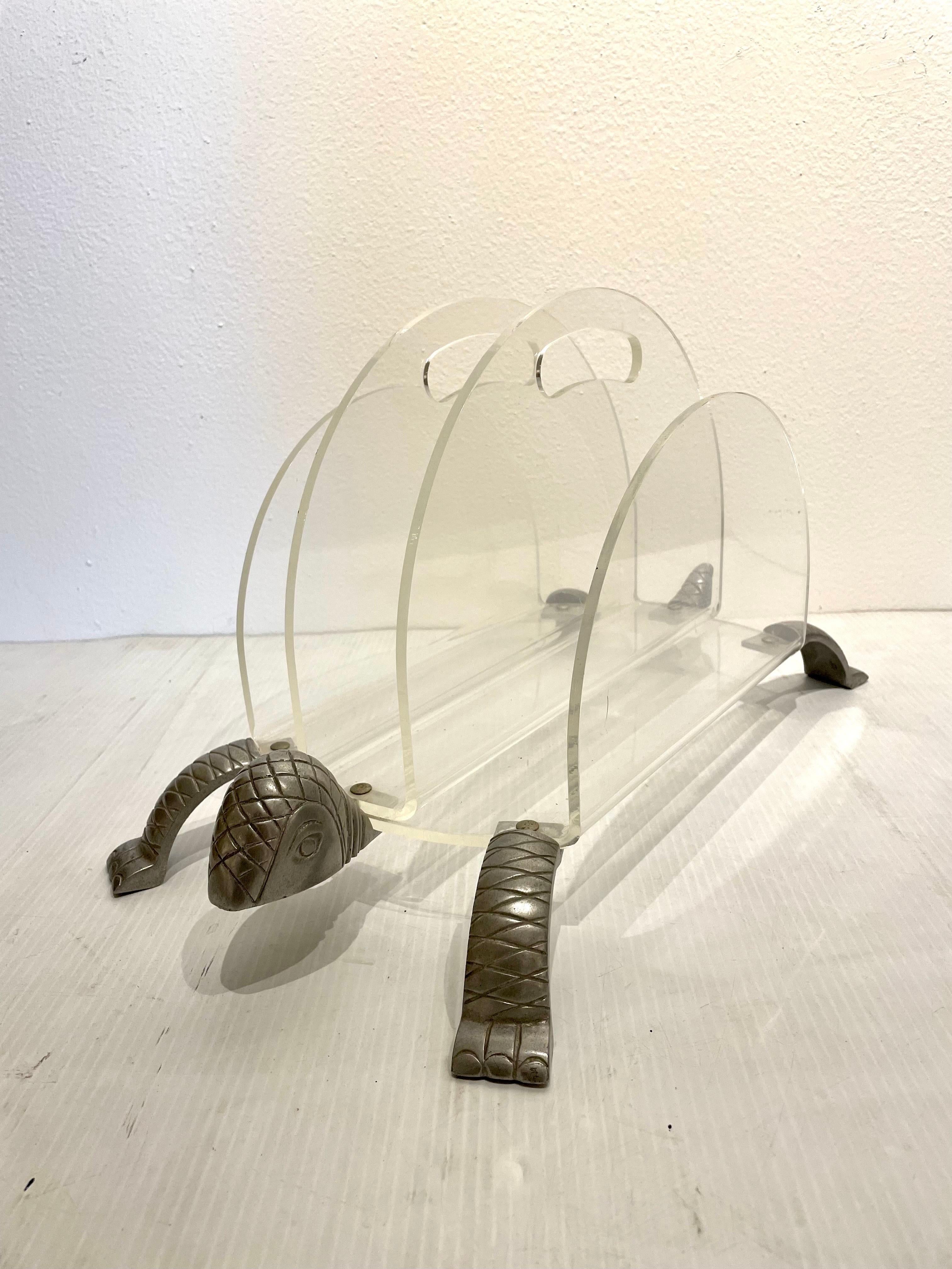 Whimsical Lucite & Aluminum Turtle Magazine Rack by Arthur Court In Good Condition In San Diego, CA