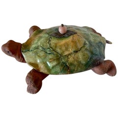 Whimsical Mackenzie Child's Hand Painted Majolica Turtle Tureen with Spoon