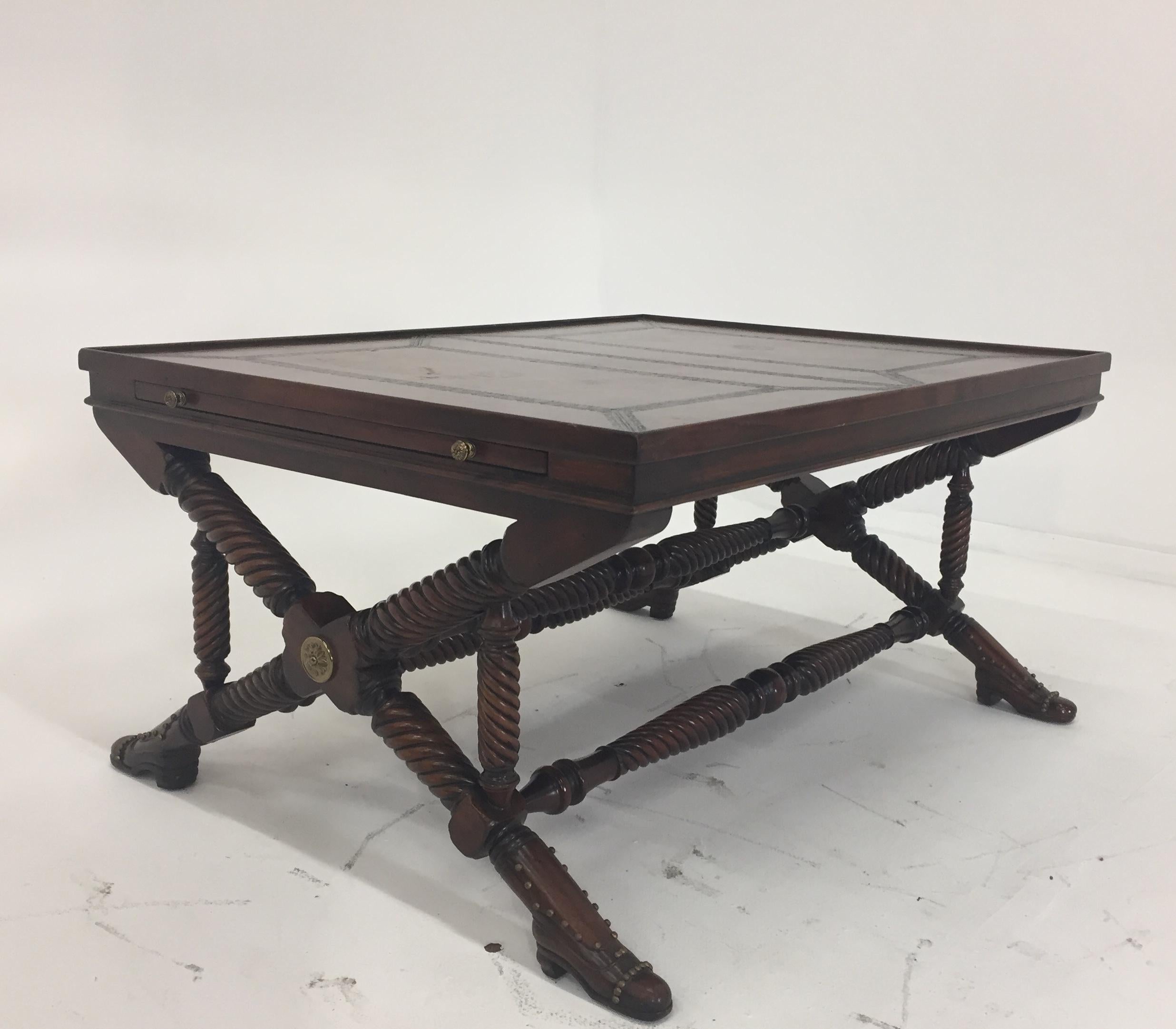 Whimsical Mahogany and Leather Theodore Alexander Coffee Table with Shoe Feet 4