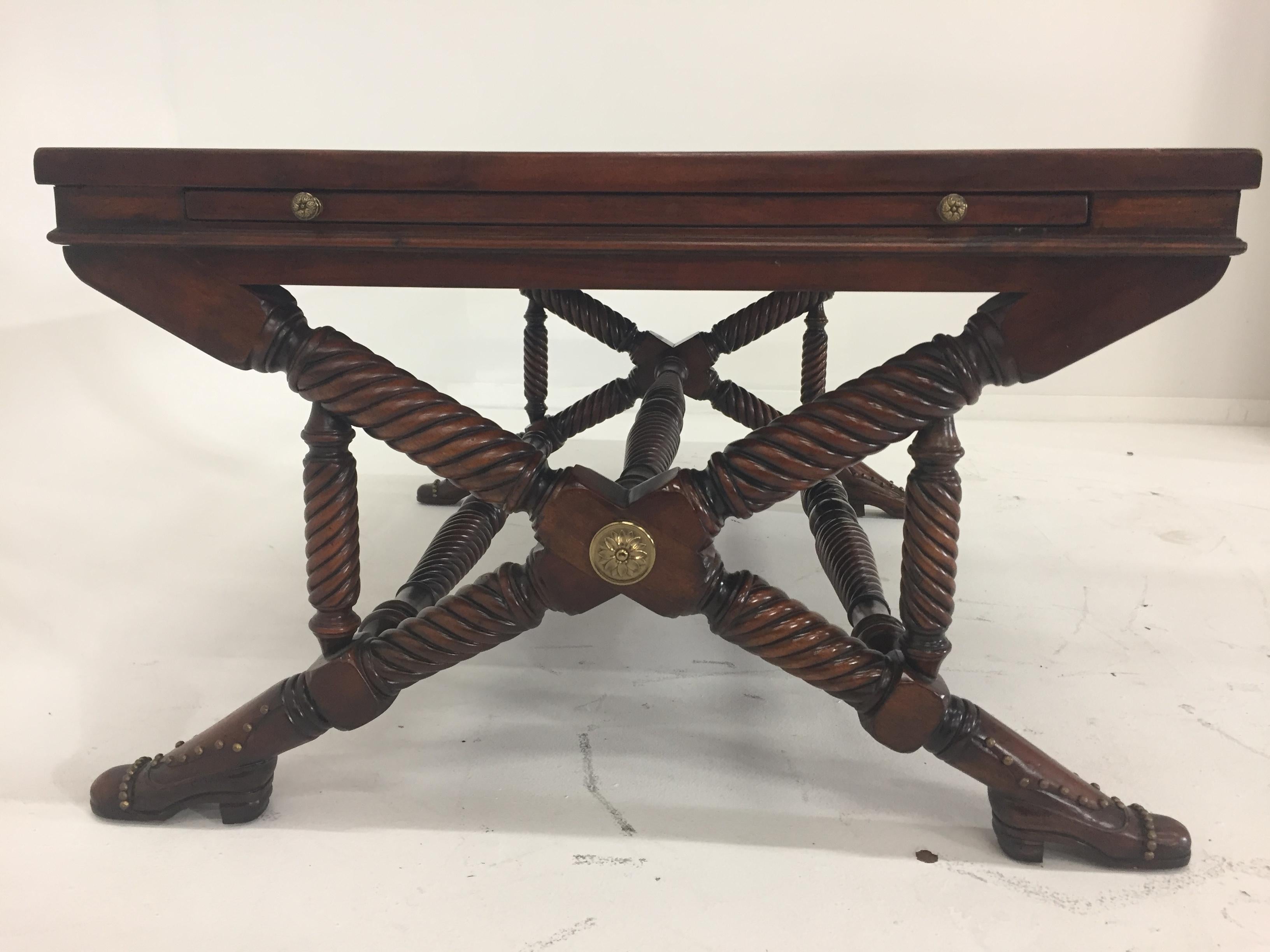 Whimsical Mahogany and Leather Theodore Alexander Coffee Table with Shoe Feet 6