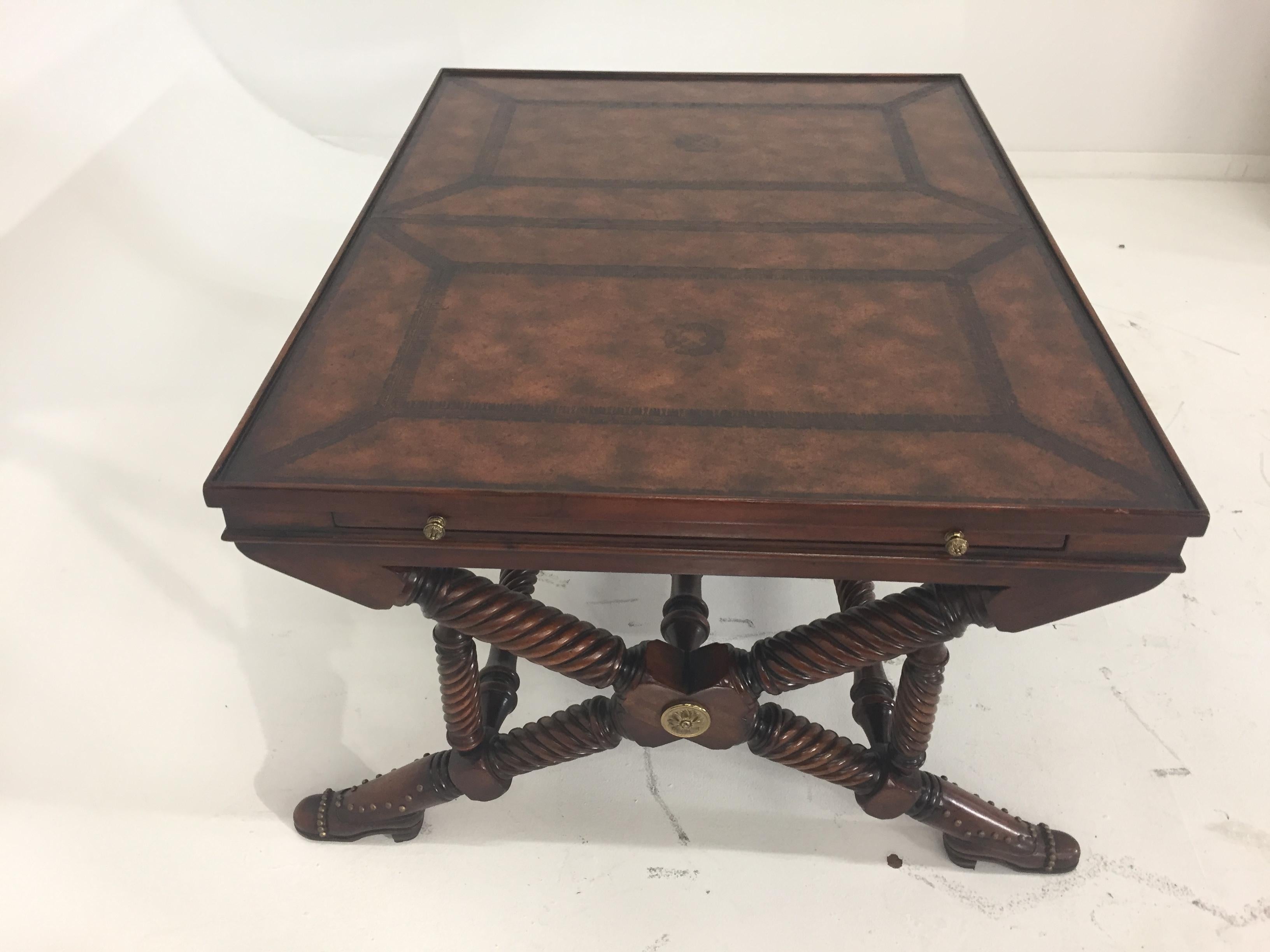 North American Whimsical Mahogany and Leather Theodore Alexander Coffee Table with Shoe Feet