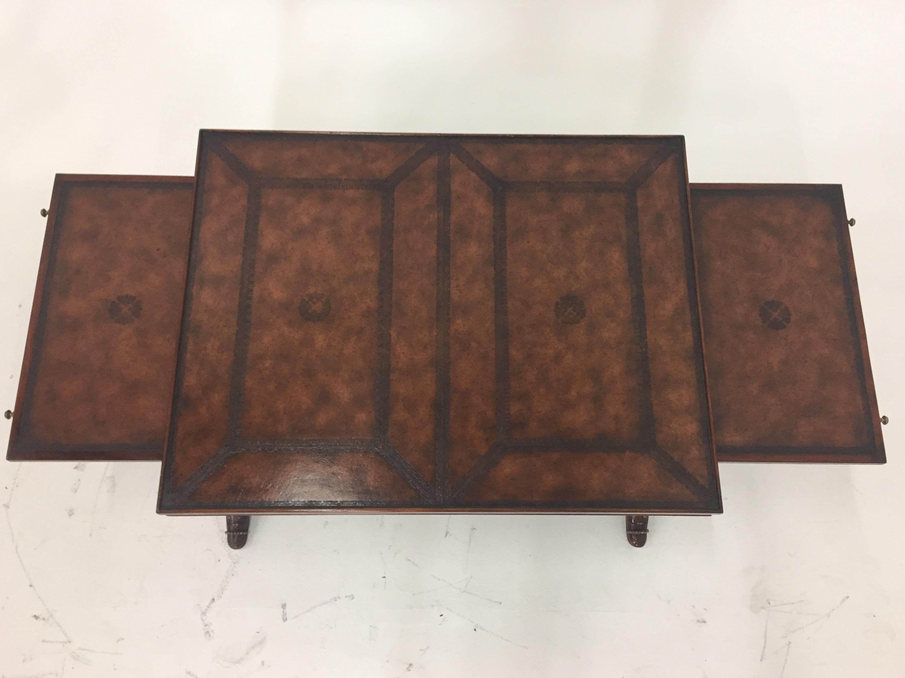 Whimsical Mahogany and Leather Theodore Alexander Coffee Table with Shoe Feet In Excellent Condition In Hopewell, NJ