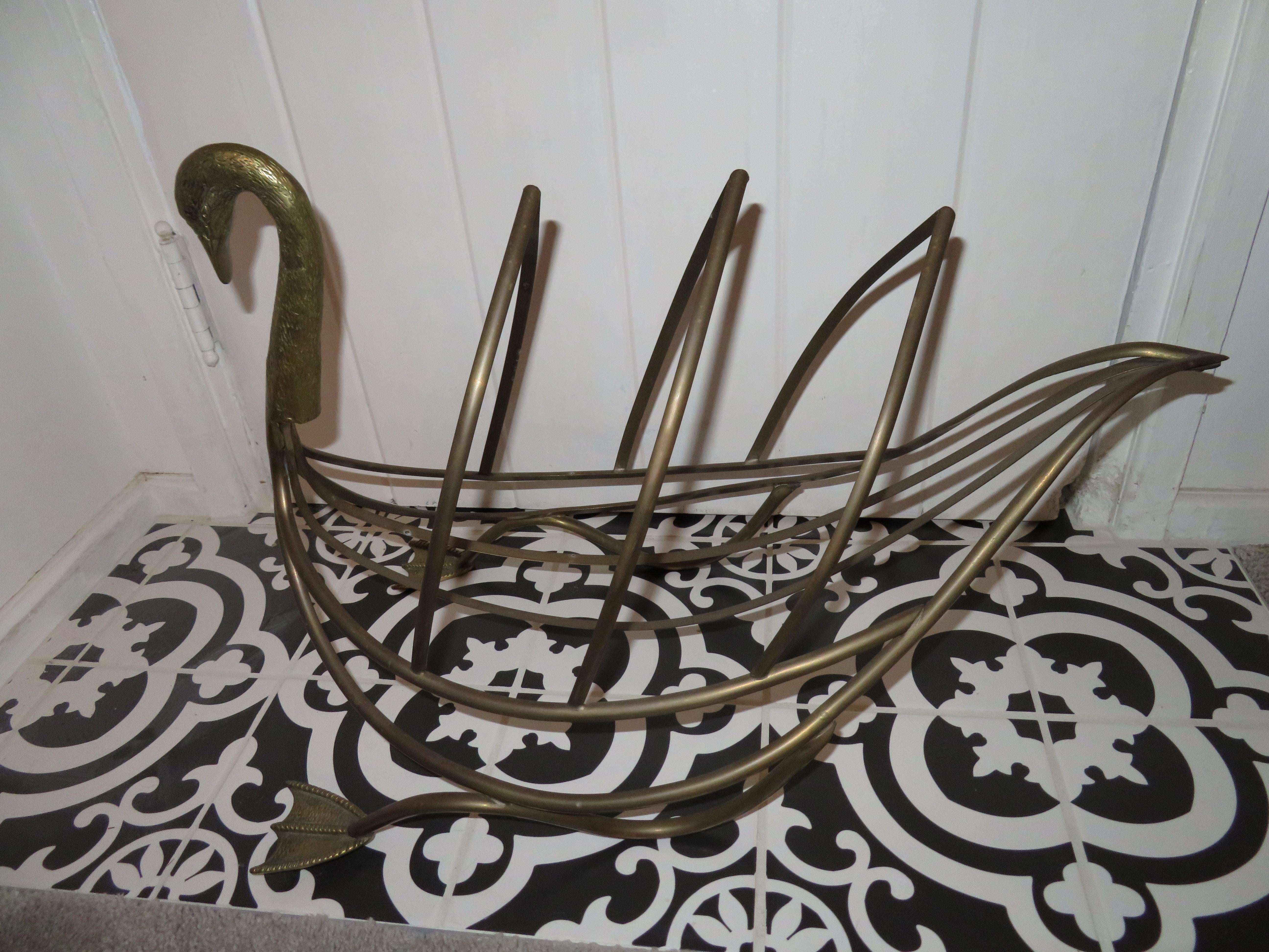 Whimsical Maison Jansen Italian Swan Magazine Rack Brass Mid-Century Modern For Sale 8