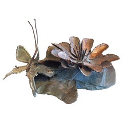 Whimsical MCM Butterfly and Flower Mixed Metals and Slate Sculpture